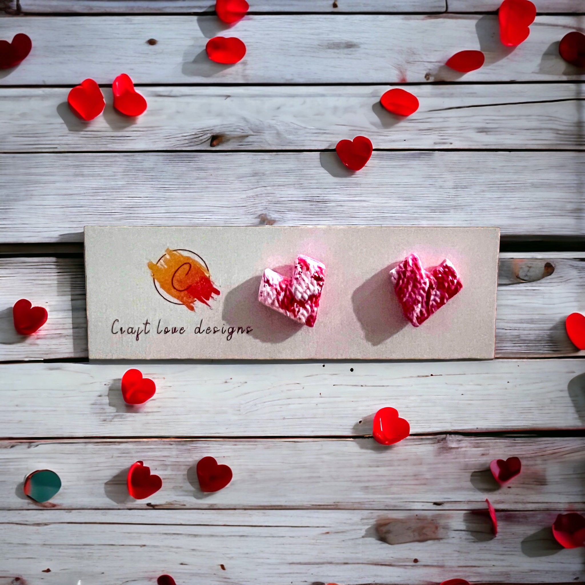 Red & White Textured Heart Studs