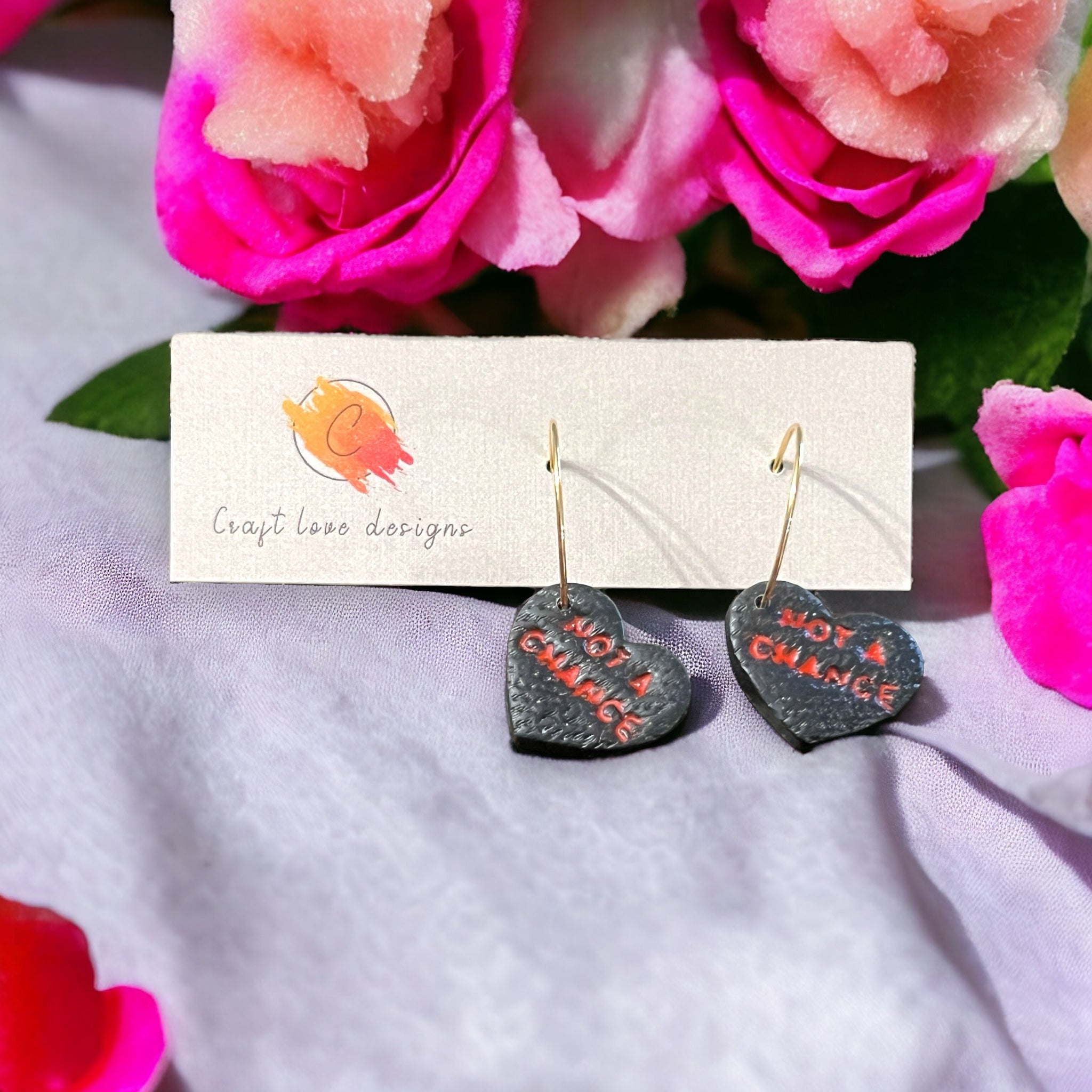 Black “Not A Chance” Conversation Heart Hoop Dangle Earrings