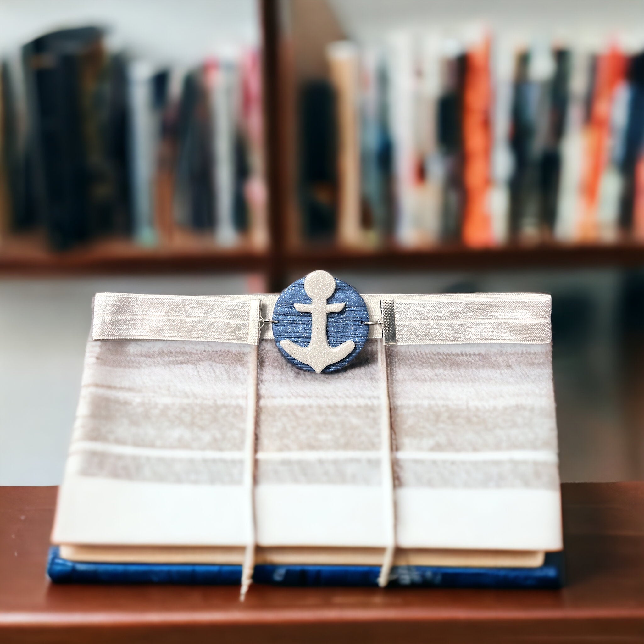 Blue & Silver Nautical Theme Elastic Bookmark on top pf bppl