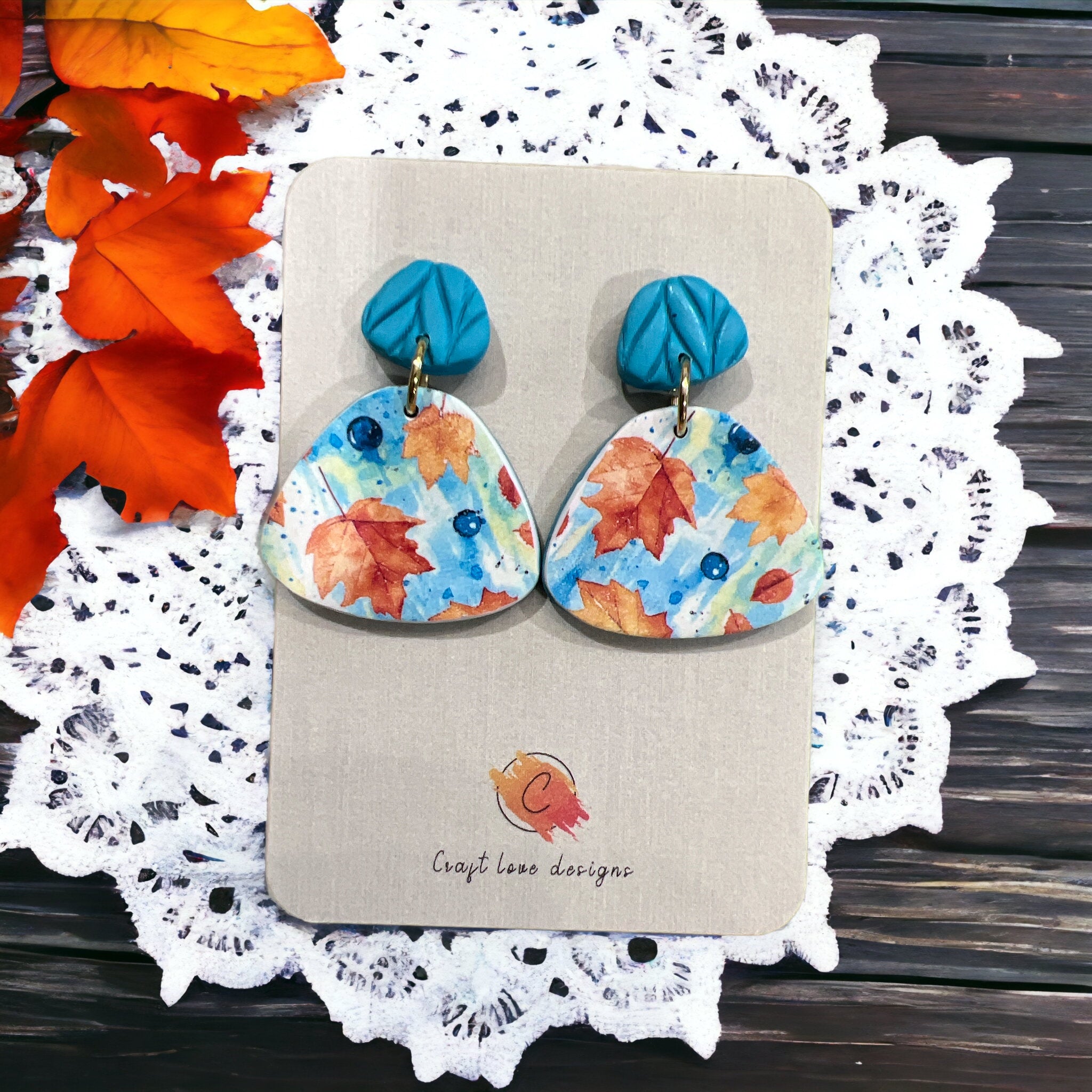 Blue and Orange Fall Leaves Dangle Earrings