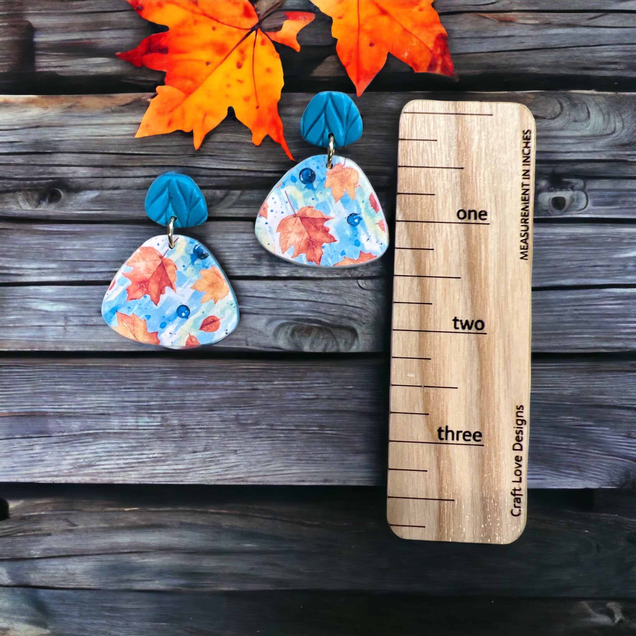 Blue and Orange Fall Leaves Dangle Earrings