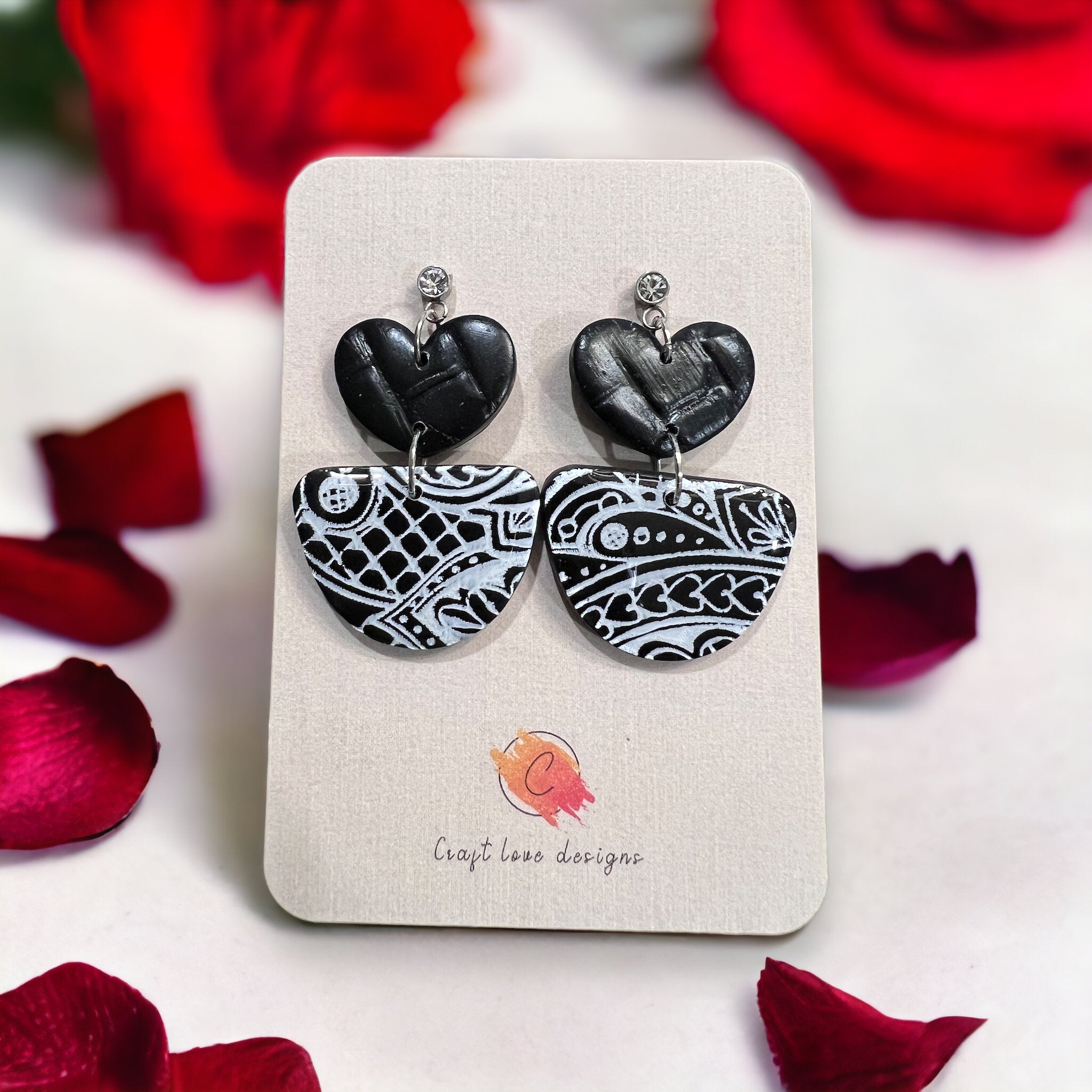 Black and White Heart Drop Dangle Earrings