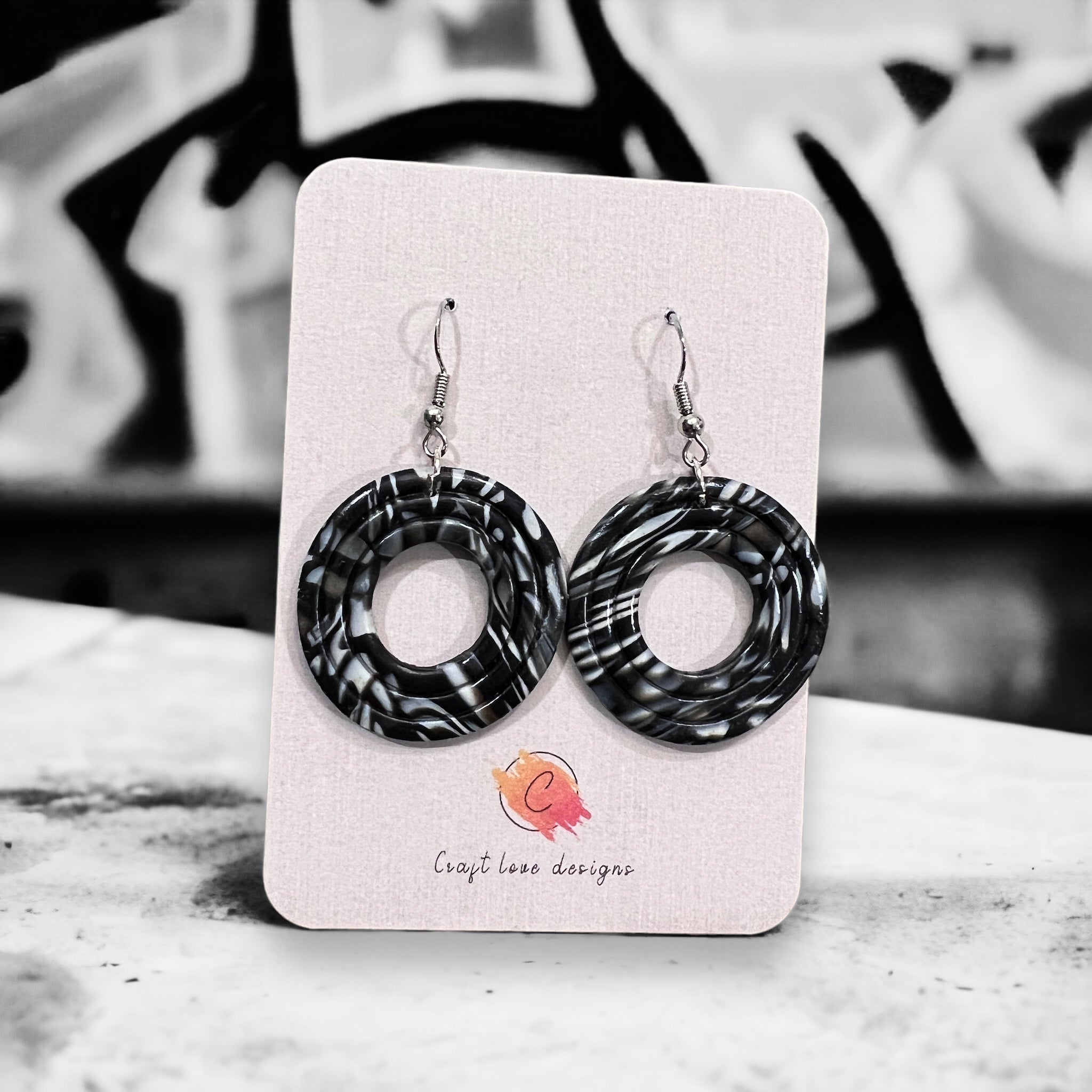 Black and White Round Dangle Earrings