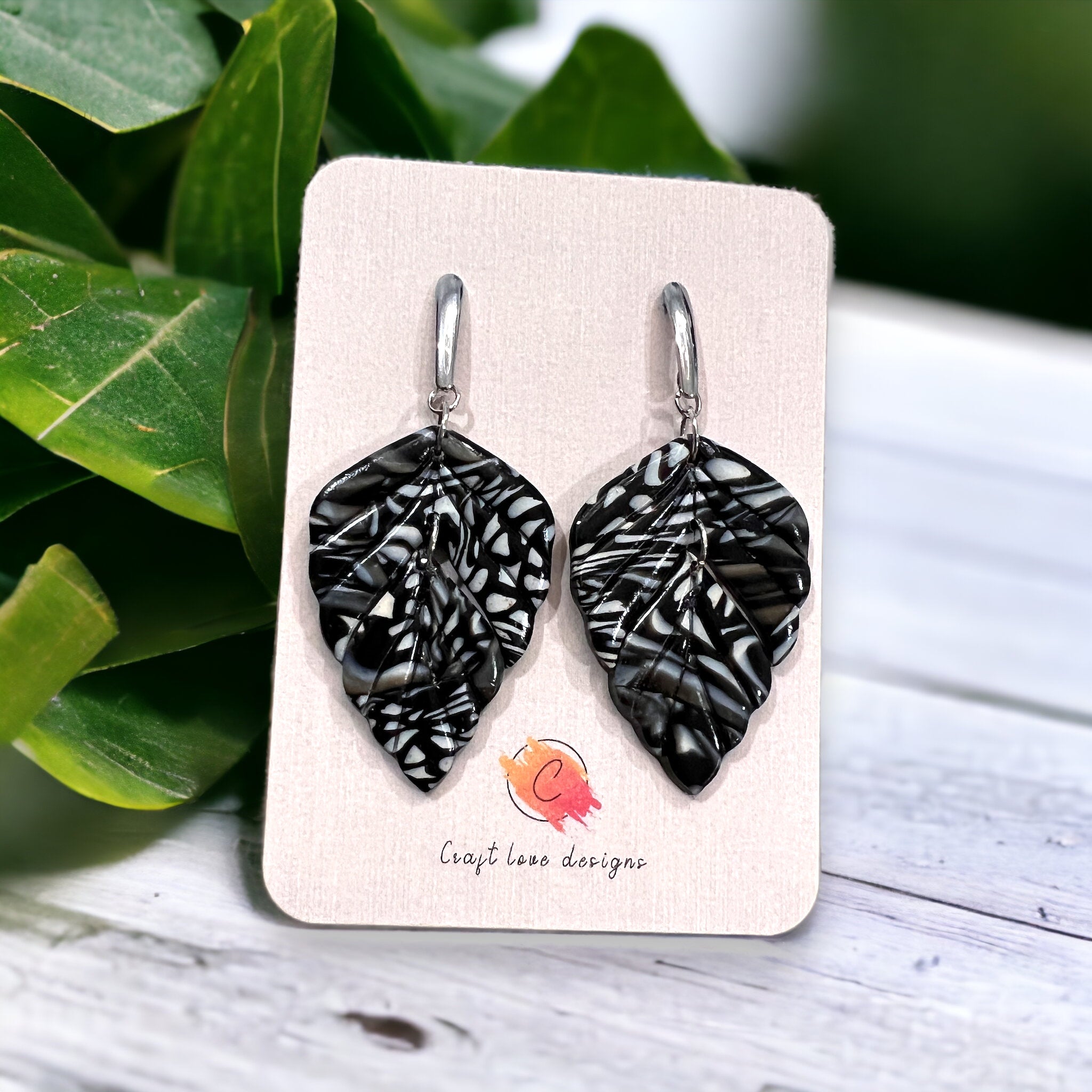 Black and White  Foliage Leaf Dangle Earrings