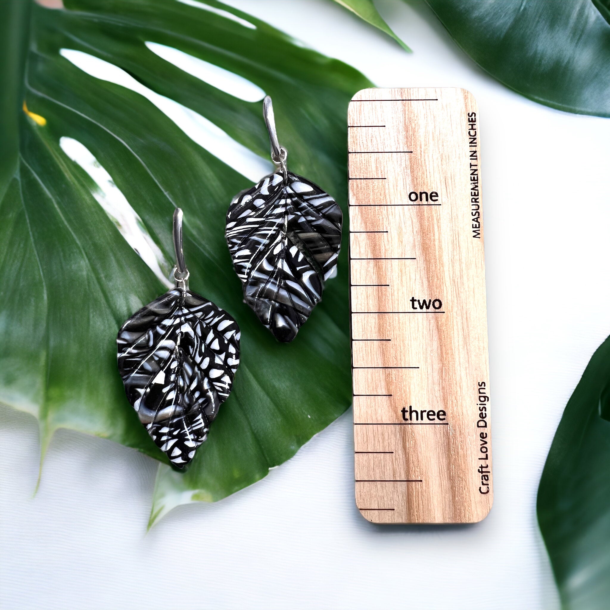 Black and White  Foliage Leaf Dangle Earrings