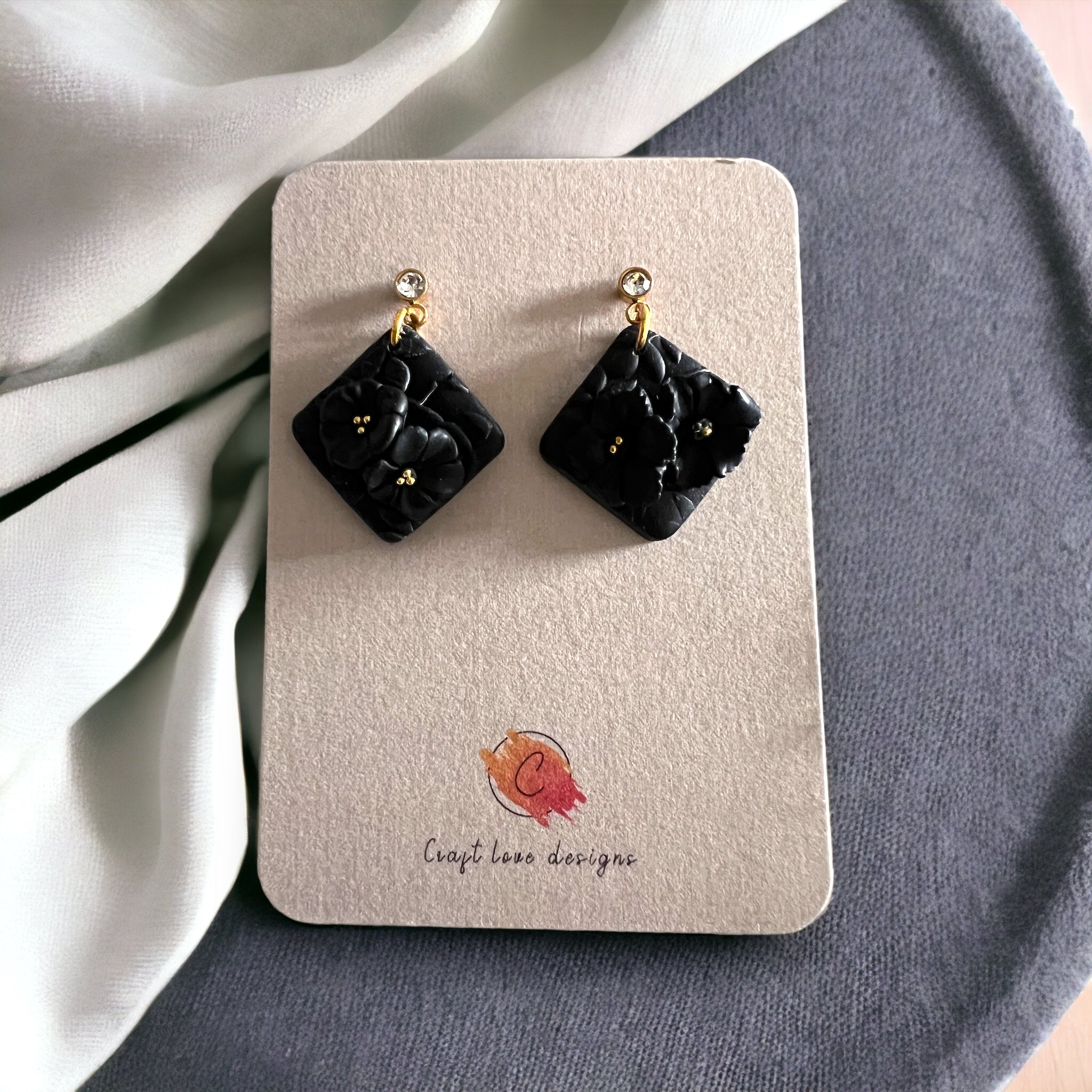 Black Delicate Flower  Dangle Earrings