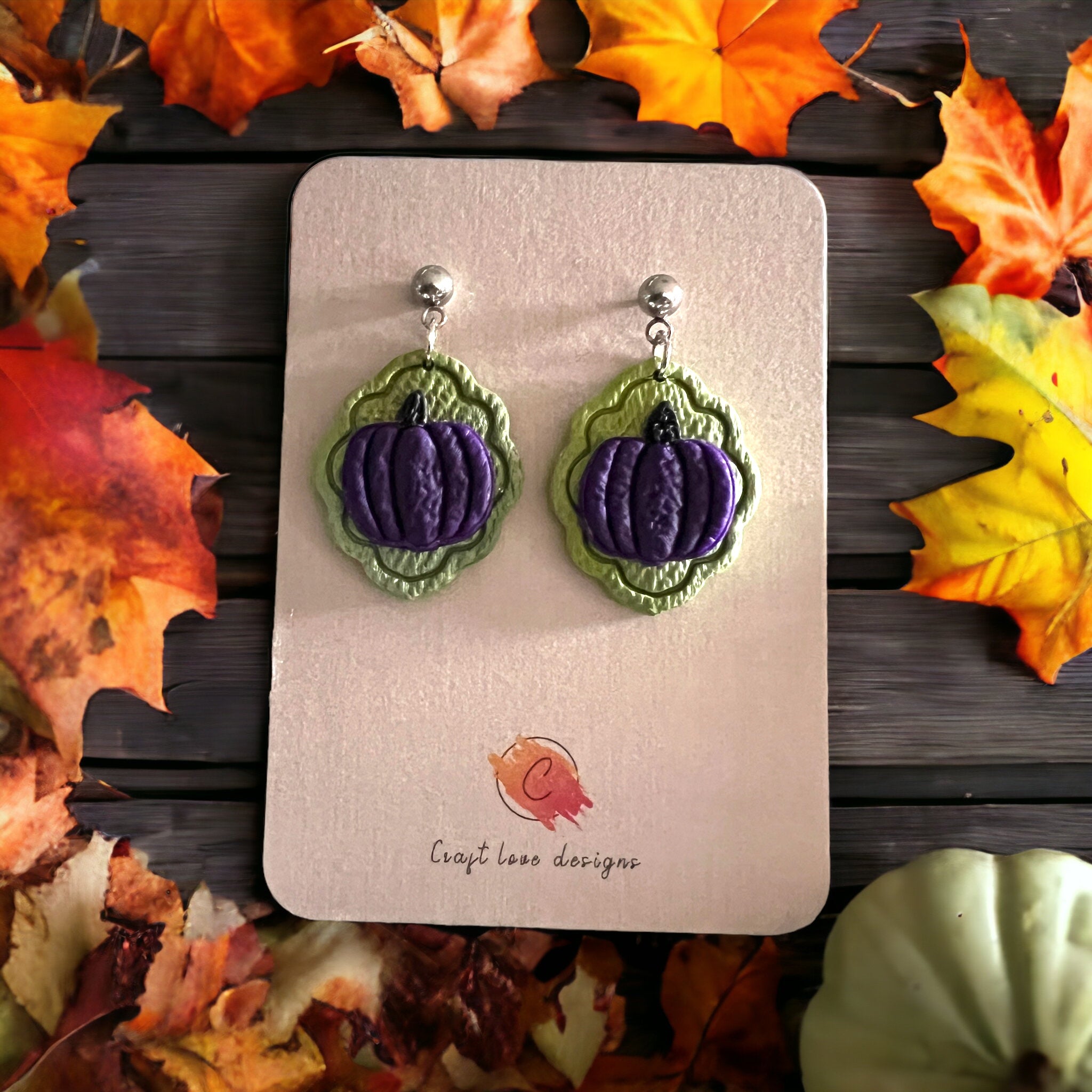 Green and Purple Pumpkin Dangle Earrings