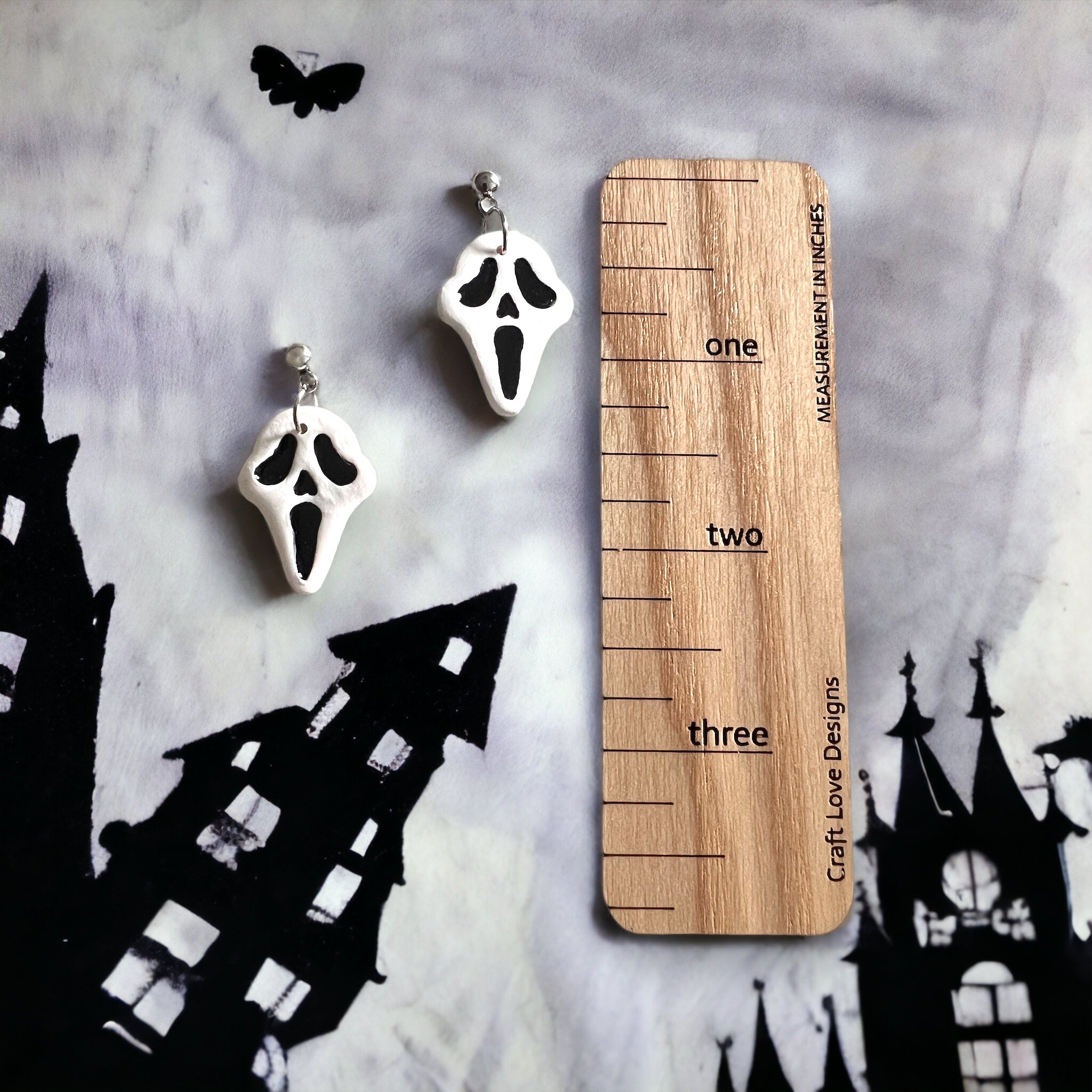 White and Black SPOOKY Face Dangle Earrings