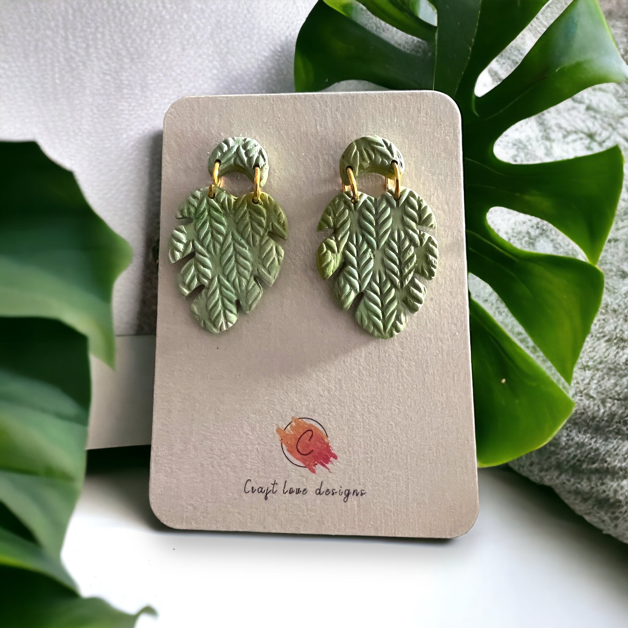 Green Monstera Textured Leaf Dangle Earrings