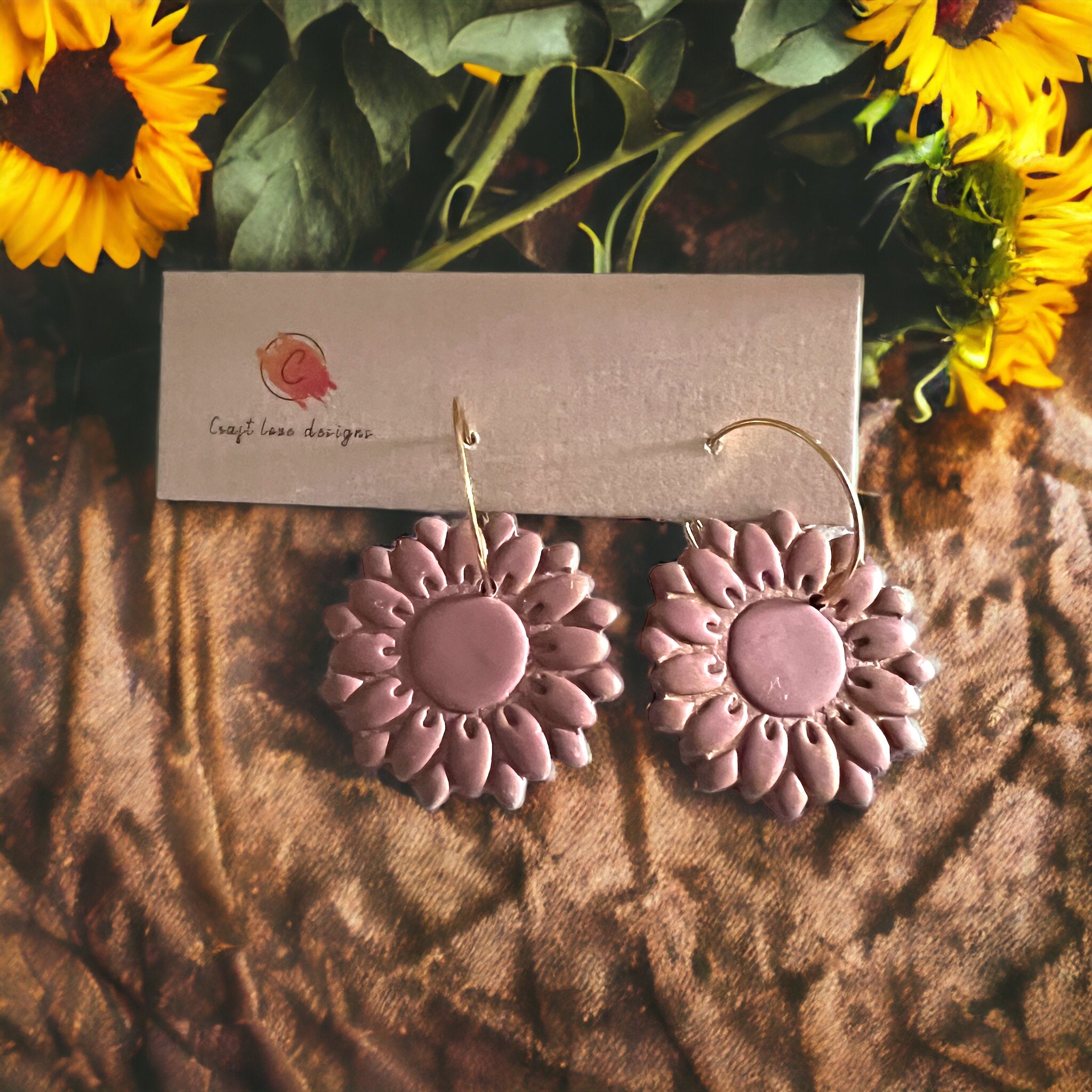 Dusty Rose Sunflower Hoop Dangle Earrings