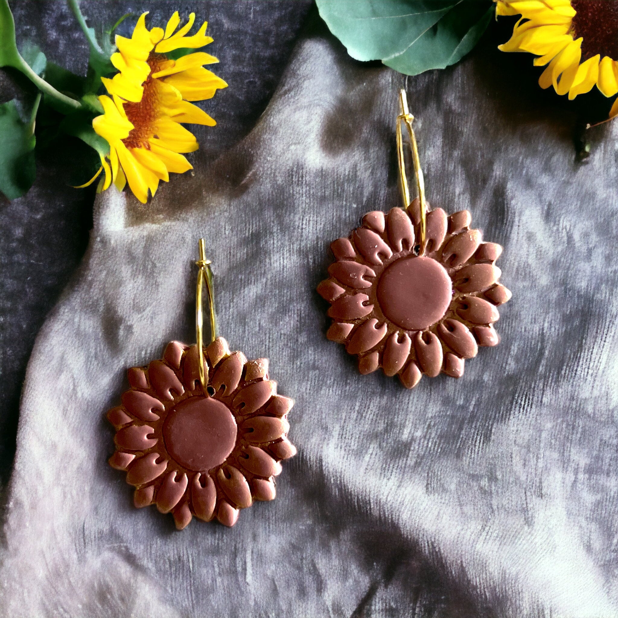 Dusty Rose Sunflower Hoop Dangle Earrings