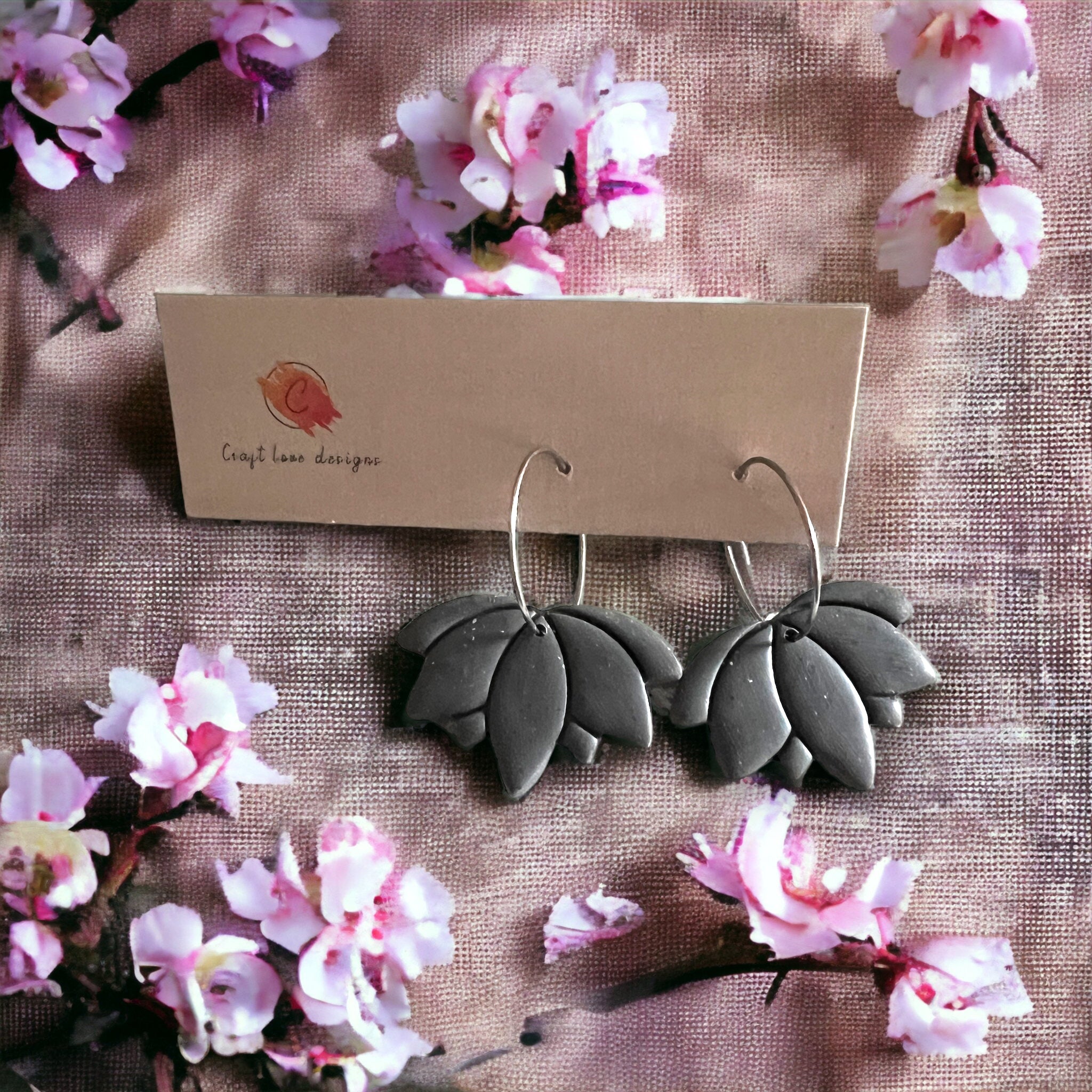 Grey Lotus Hoop Dangle Earrings