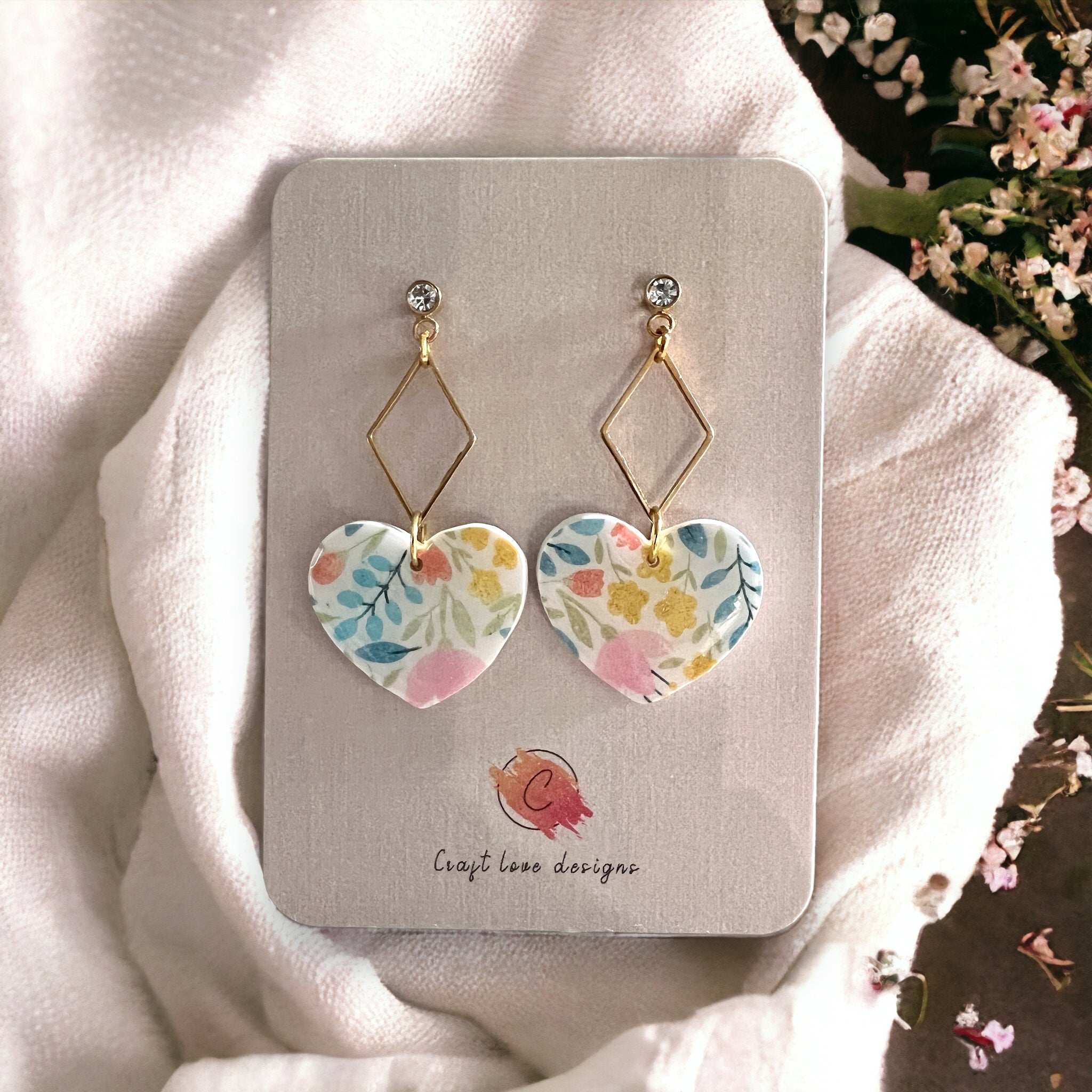 White, Blue and Yellow Heart Drop Dangle Earrings