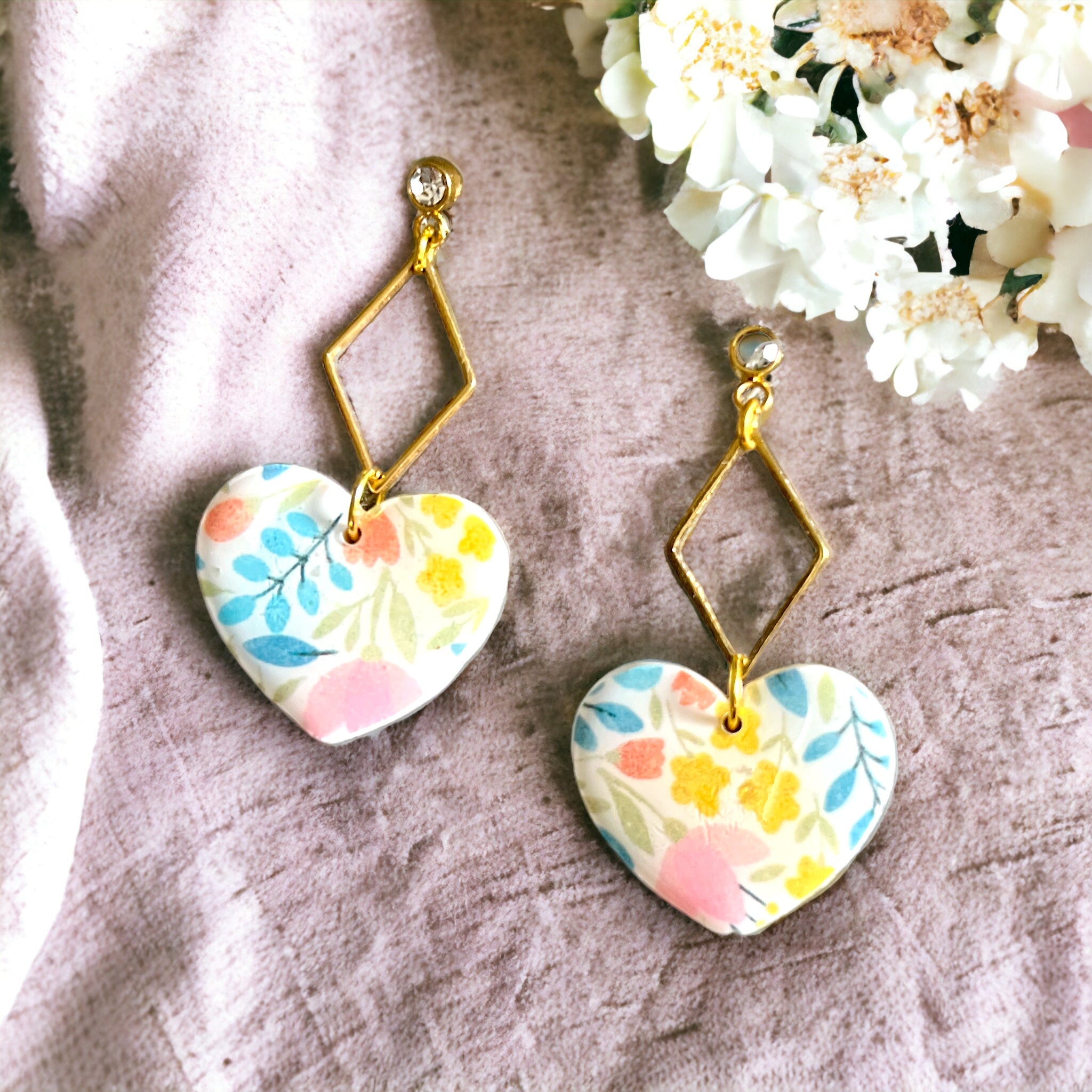 White, Blue and Yellow Heart Drop Dangle Earrings