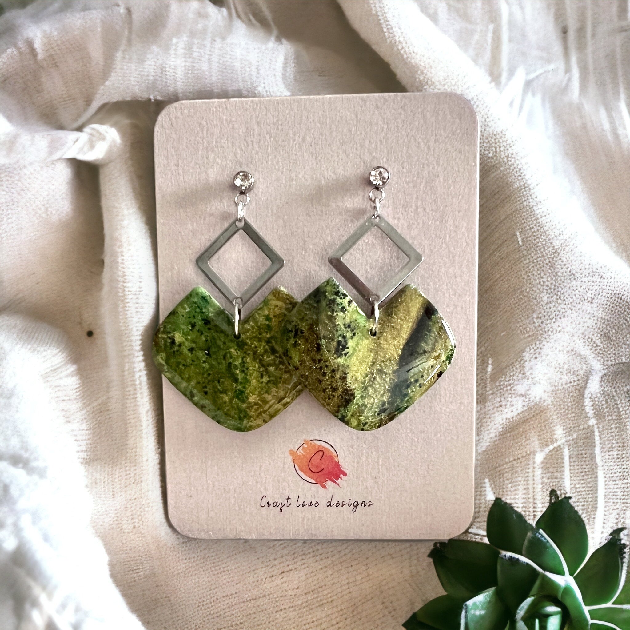 Green Faux Stone “C” Shaped Dangle Earrings