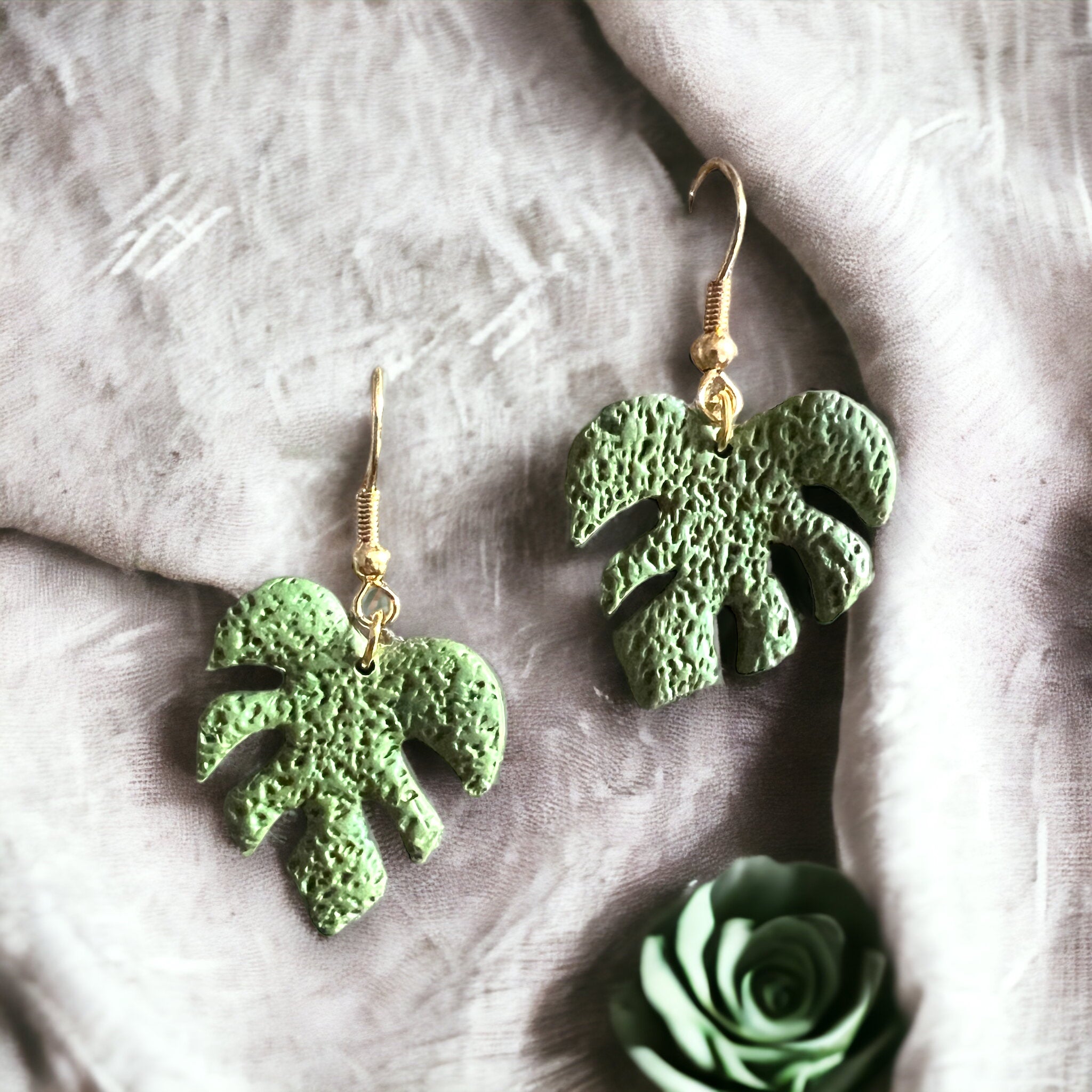 Green Monstera Leaf Miniature Dangle Earrings