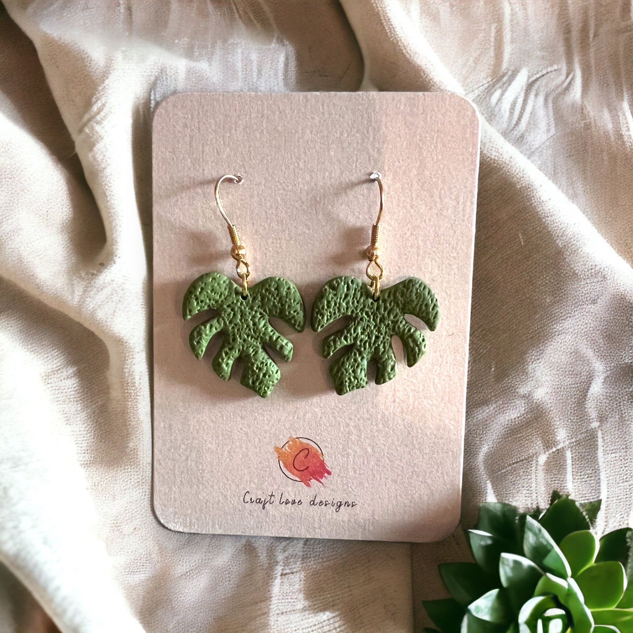 Green Monstera Leaf Miniature Dangle Earrings