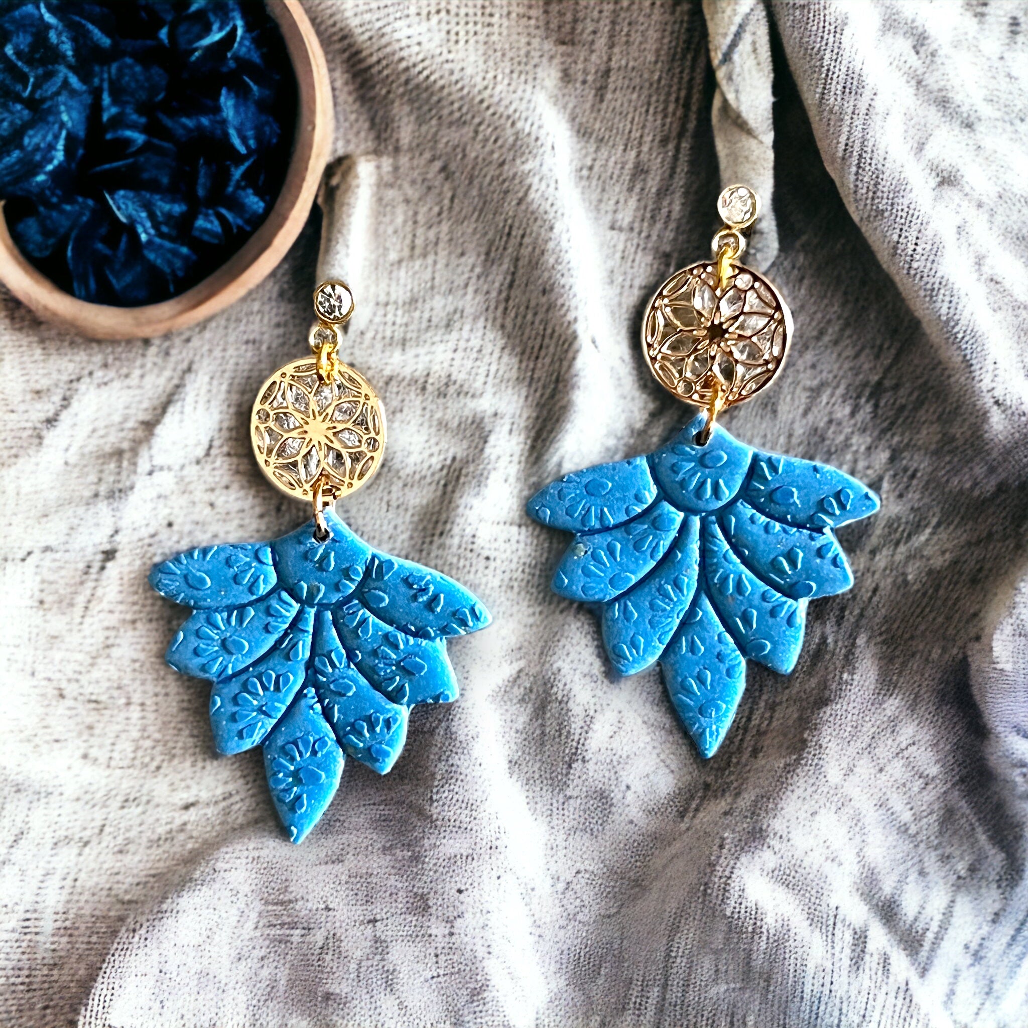 Blue textured Long Deco Lotus Dangle Earrings