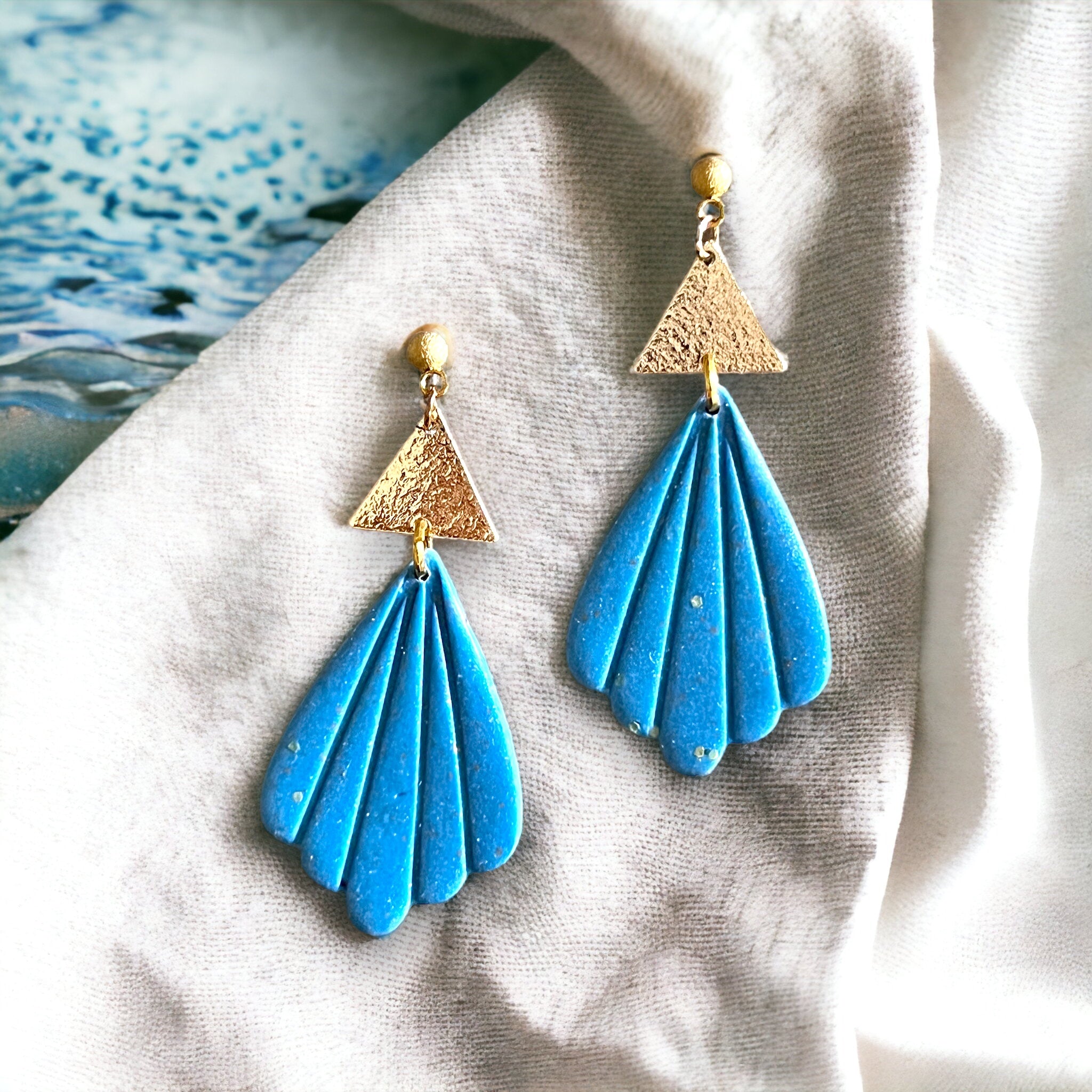 Blue and Gold Accent Scalloped Tear Drop Dangle earrings