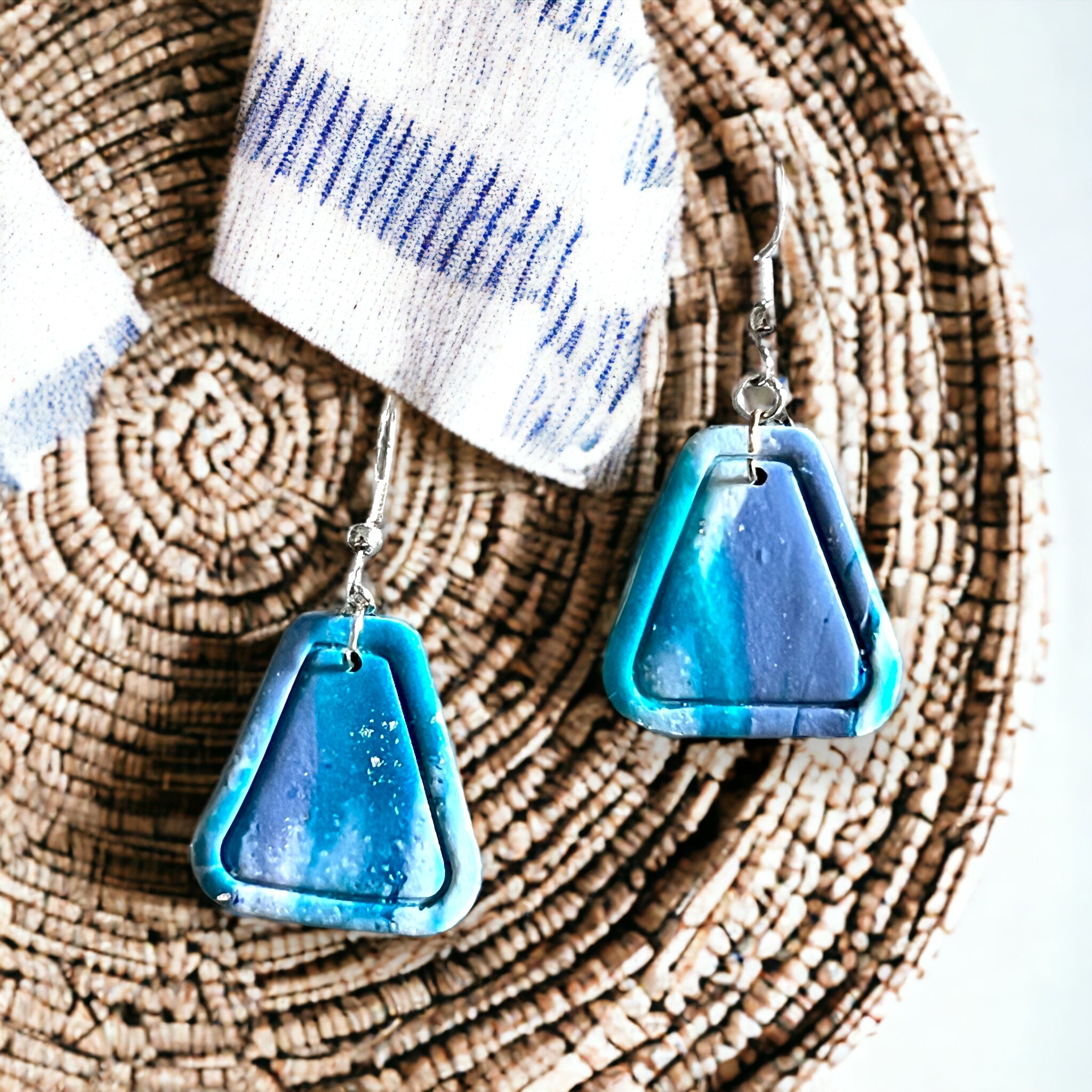 Blue with a Touch of Sparkle Rounded Triangle Dangle Earrings