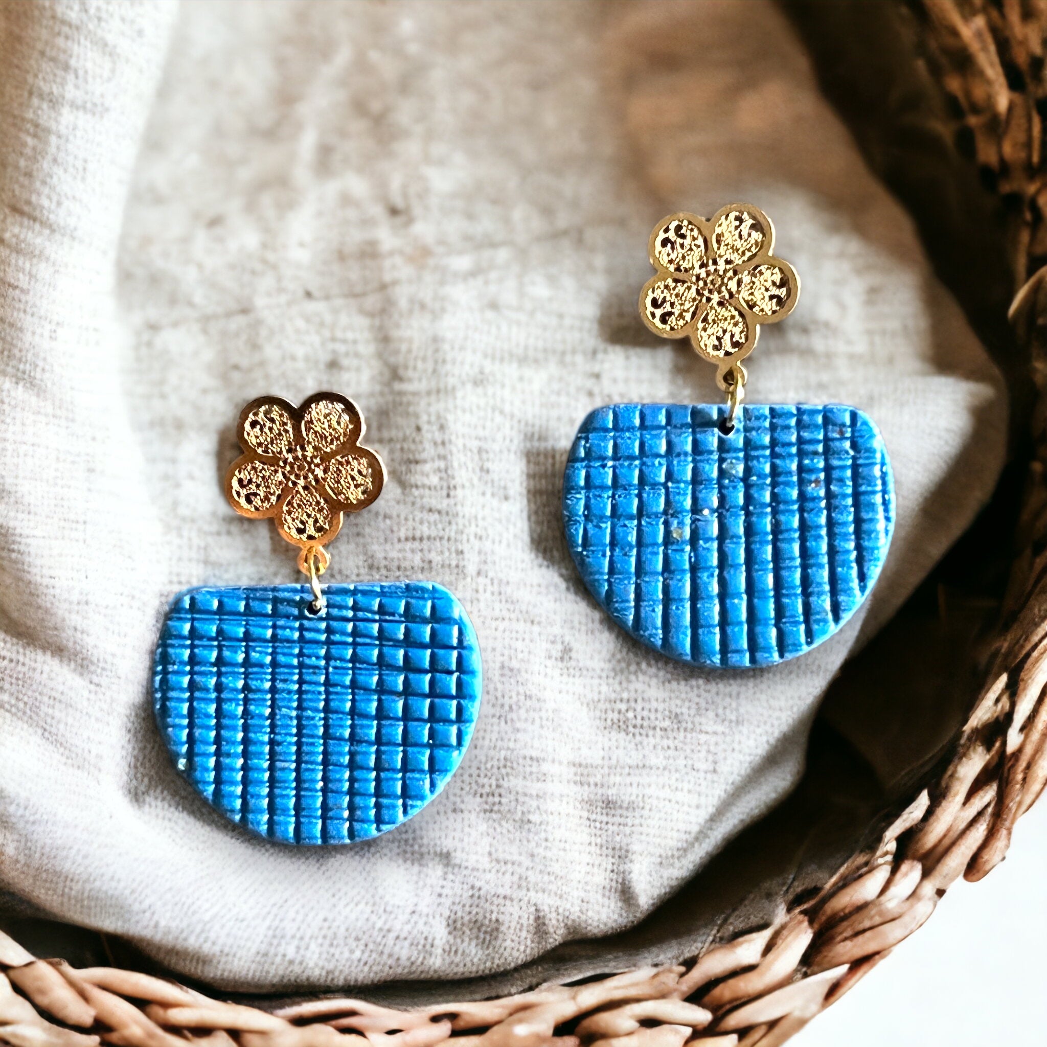 Blue Flat Circle Textured Dangle Earrings