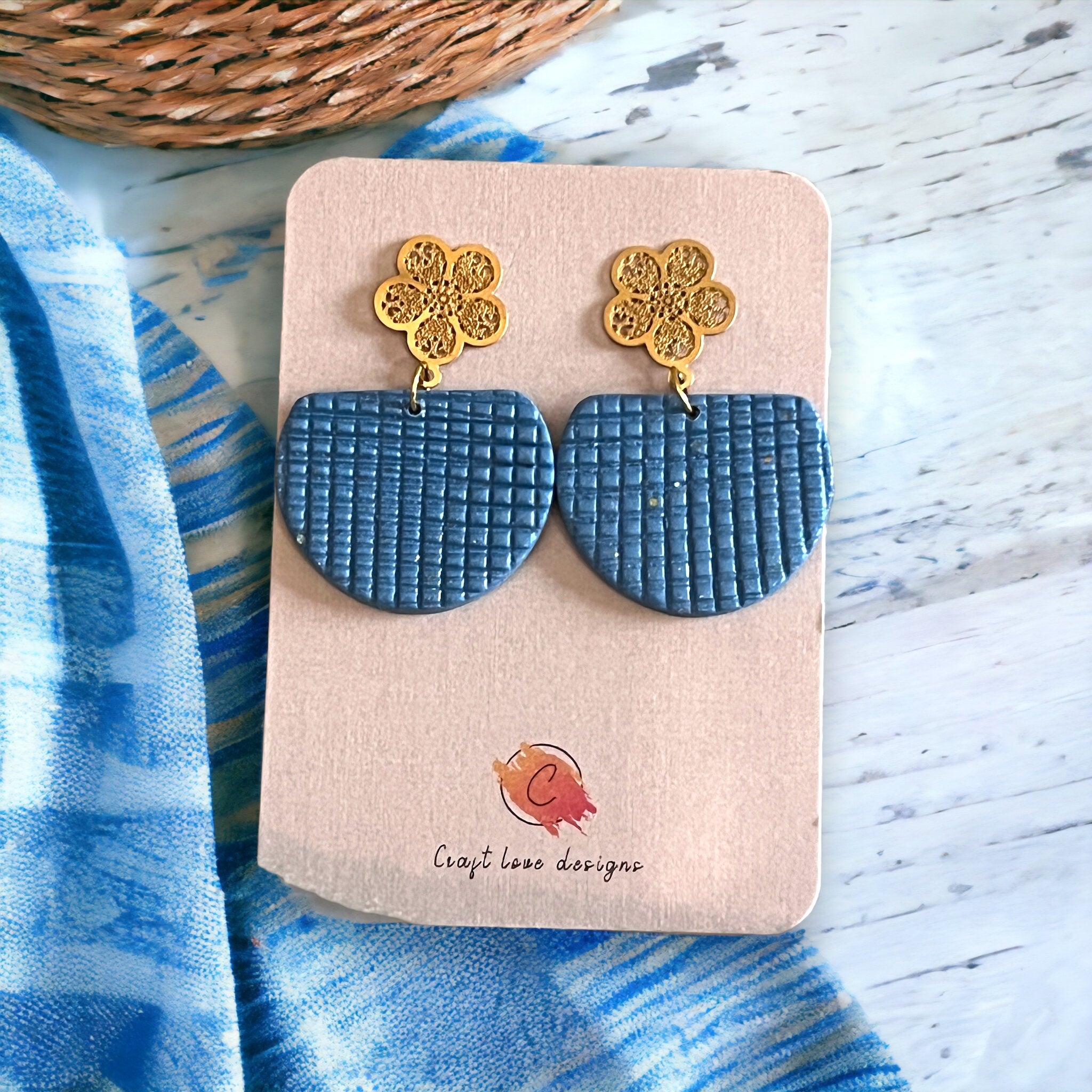 Blue Flat Circle Textured Dangle Earrings