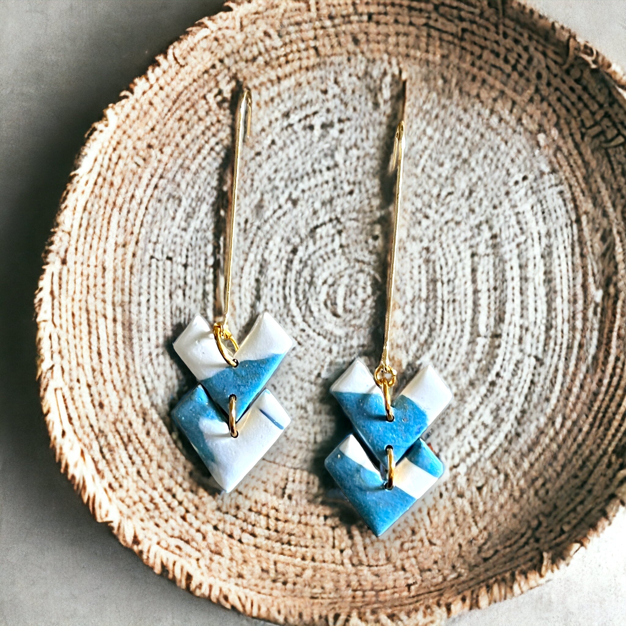 Blue and White Drop Heart Dangle Earrings