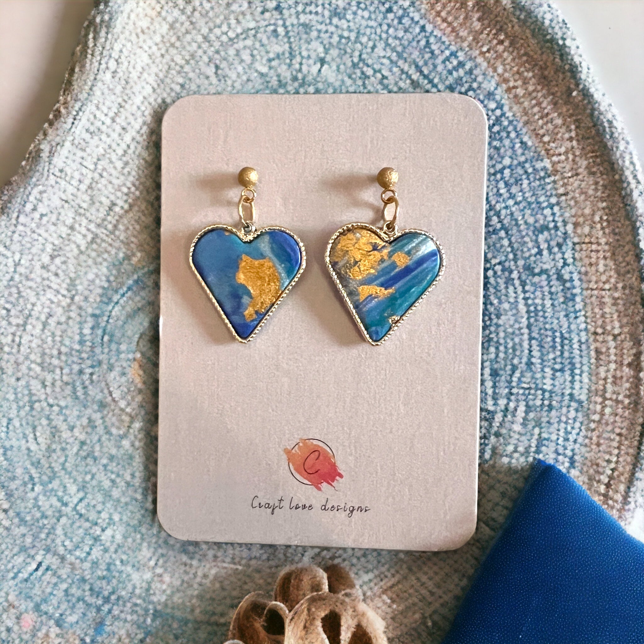 Blue and Gold Heart Dangle Earrings