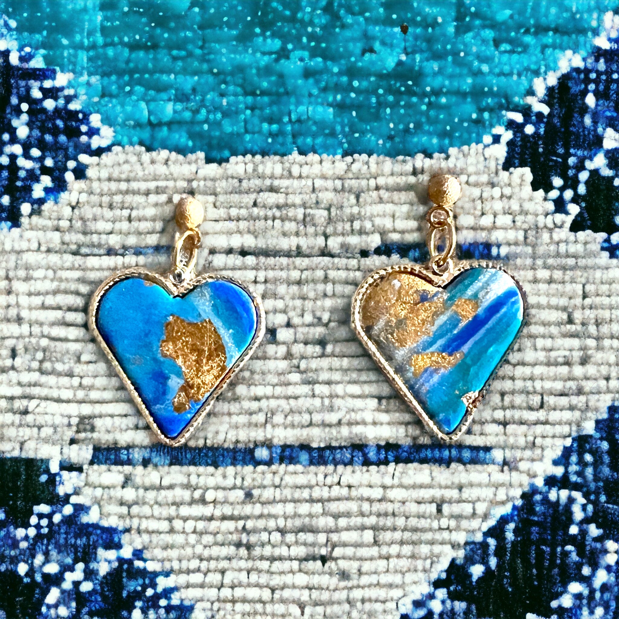 Blue and Gold Heart Dangle Earrings