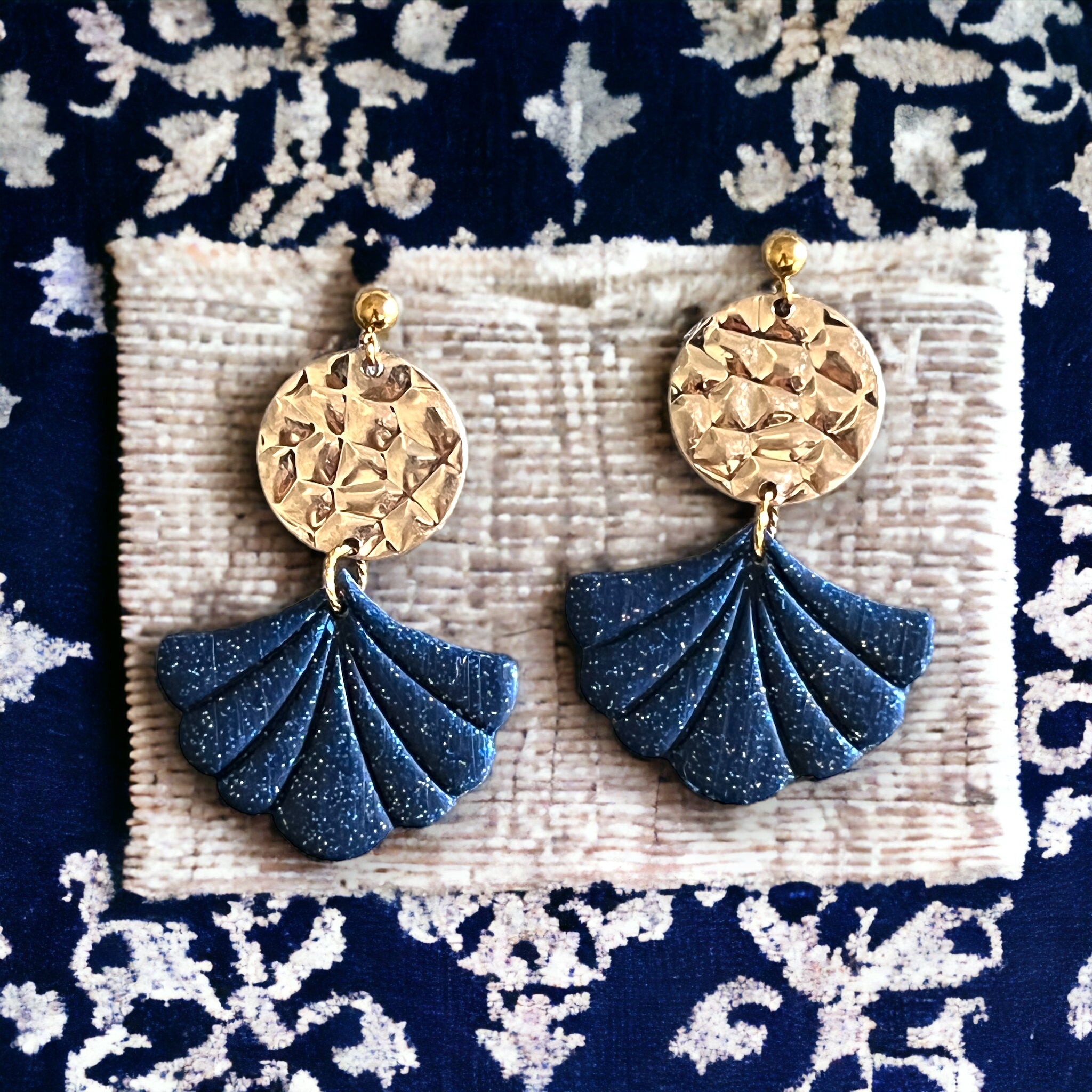 Blue Sparkle Flower Fan Drop Dangle Earrings