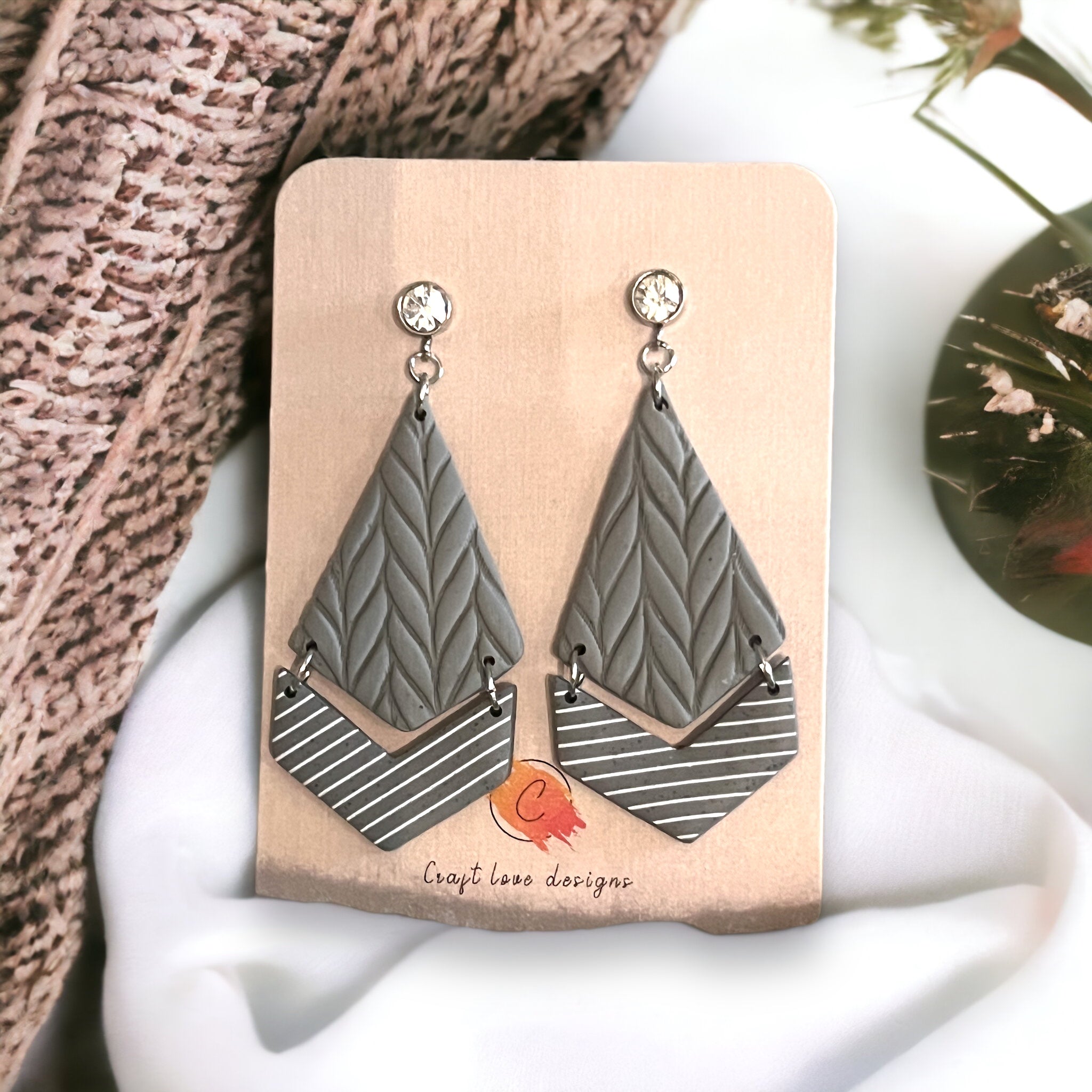 Grey Sweater Triangle Drop Dangle Earrings