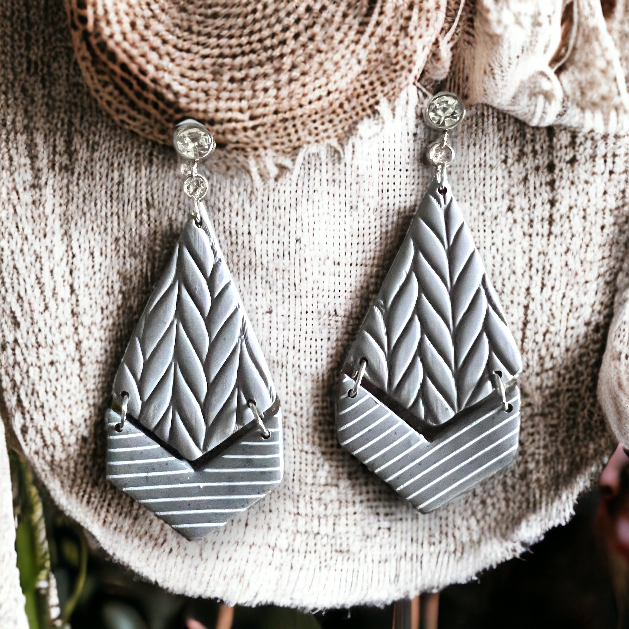 Grey Sweater Triangle Drop Dangle Earrings