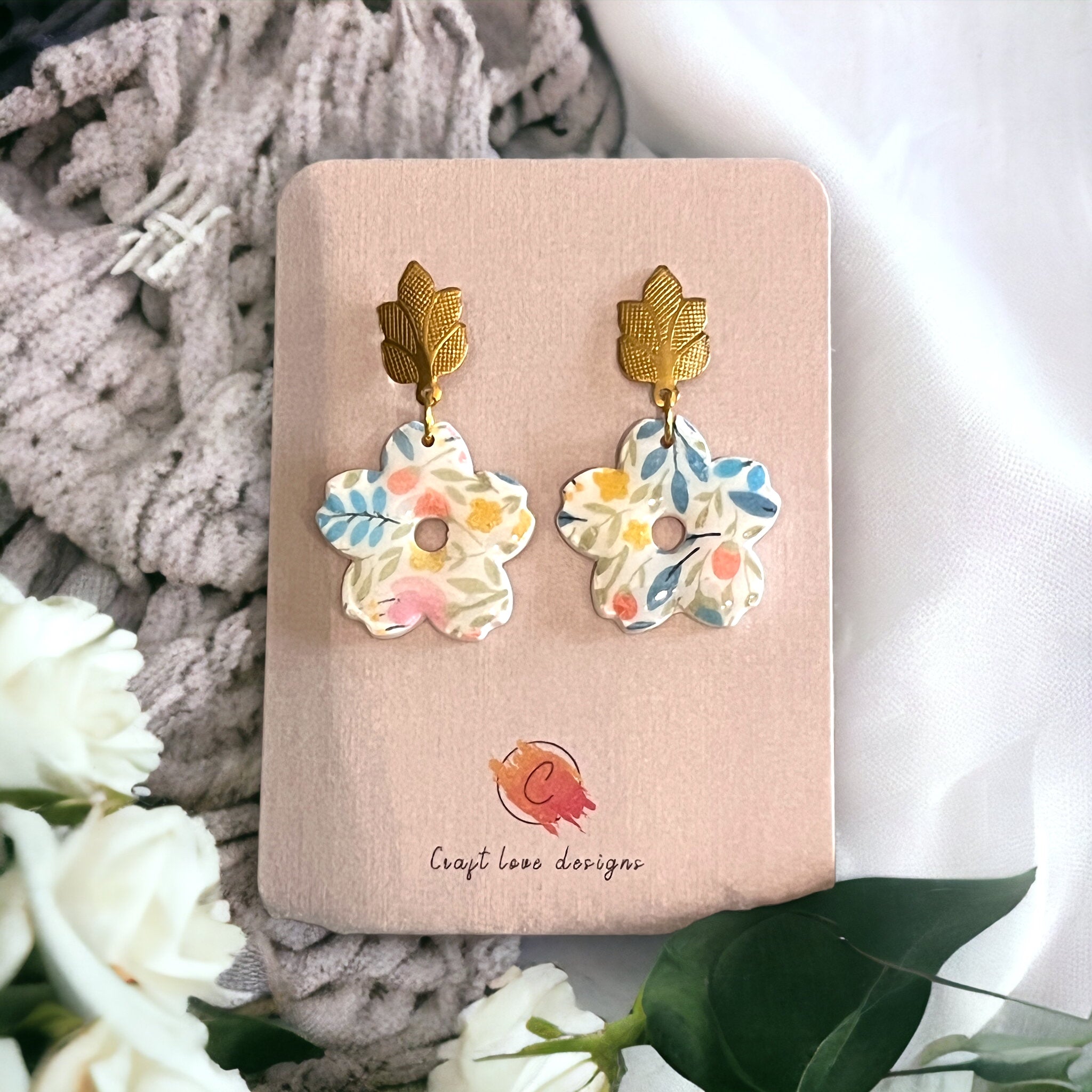 White, Blue and Yellow Daisy Flower Dangle Earrings