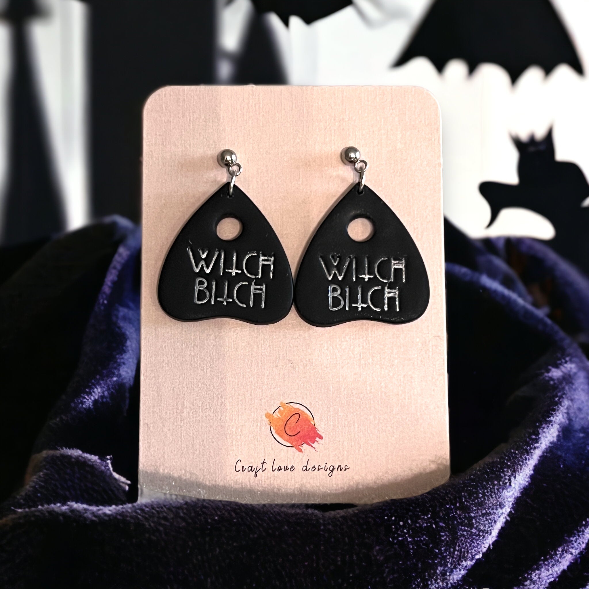 Black and Silver Ouija Spooky Dangle Earrings