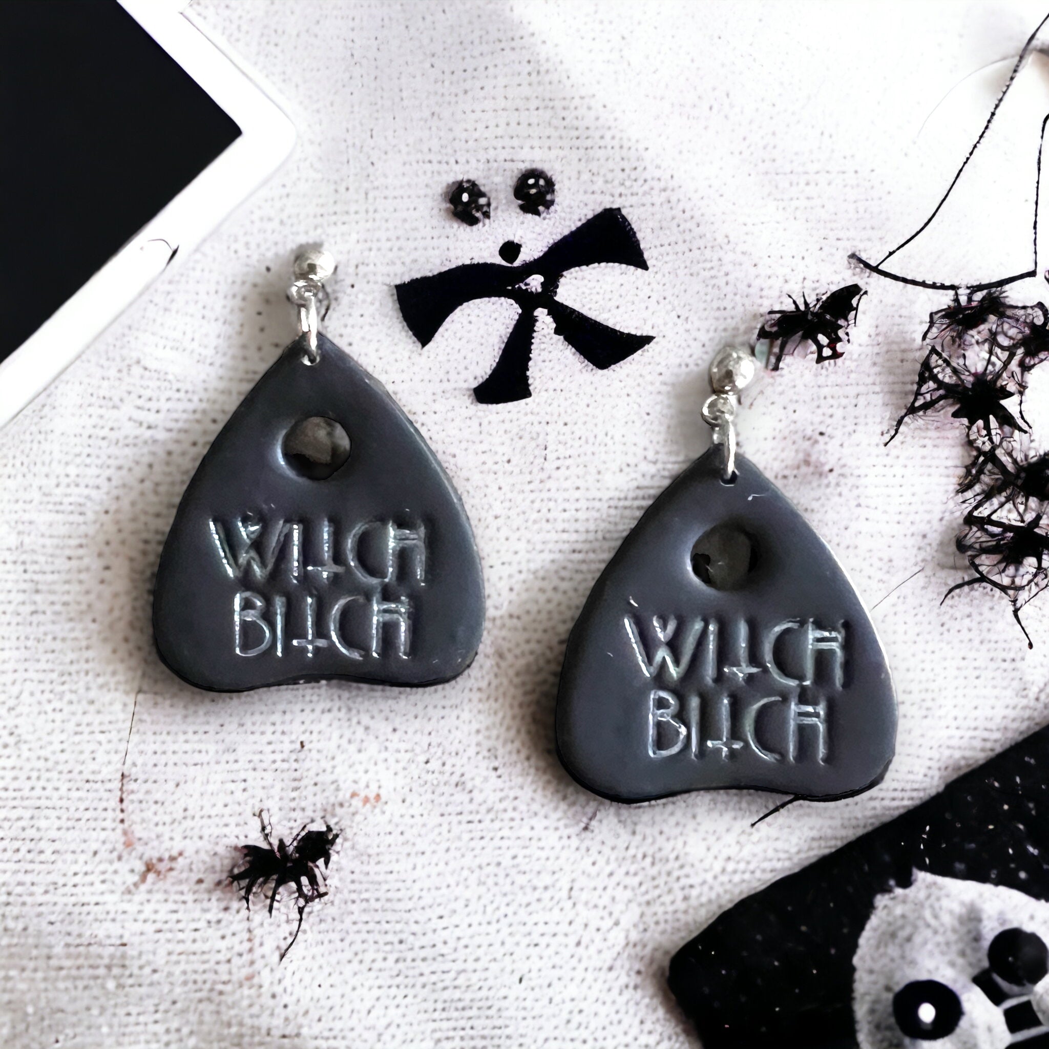 Black and Silver Ouija Spooky Dangle Earrings