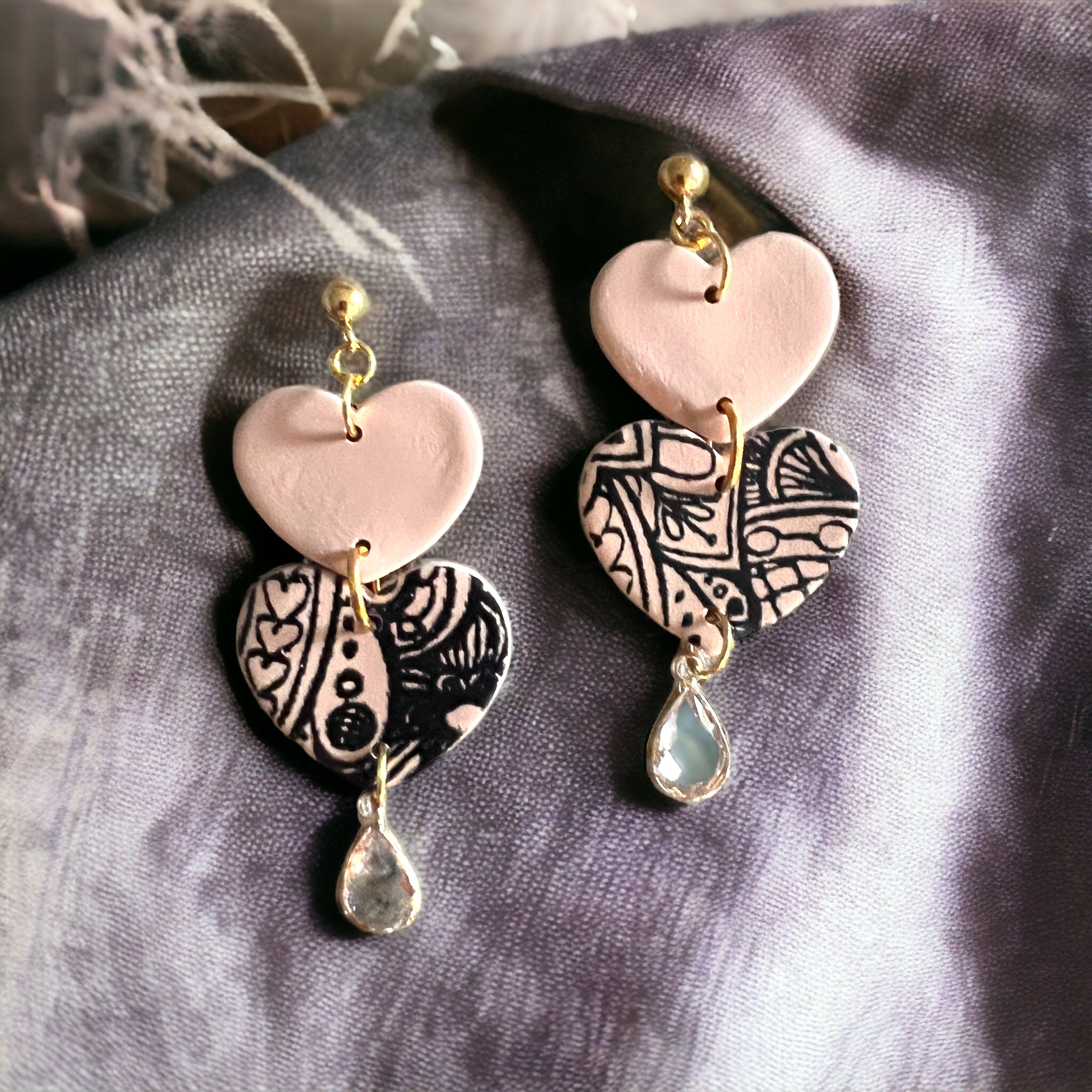 Beige and Black Heart Dangle Earrings with Crystal Glass Teardrop