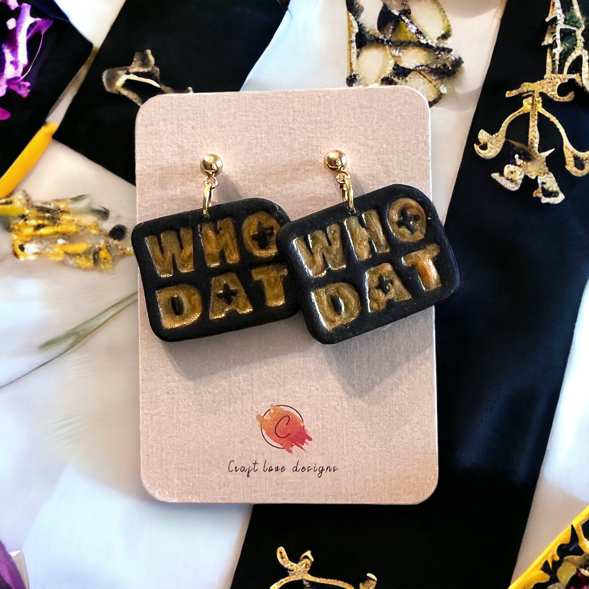 Black and Gold WHO DAT Dangle Earrings