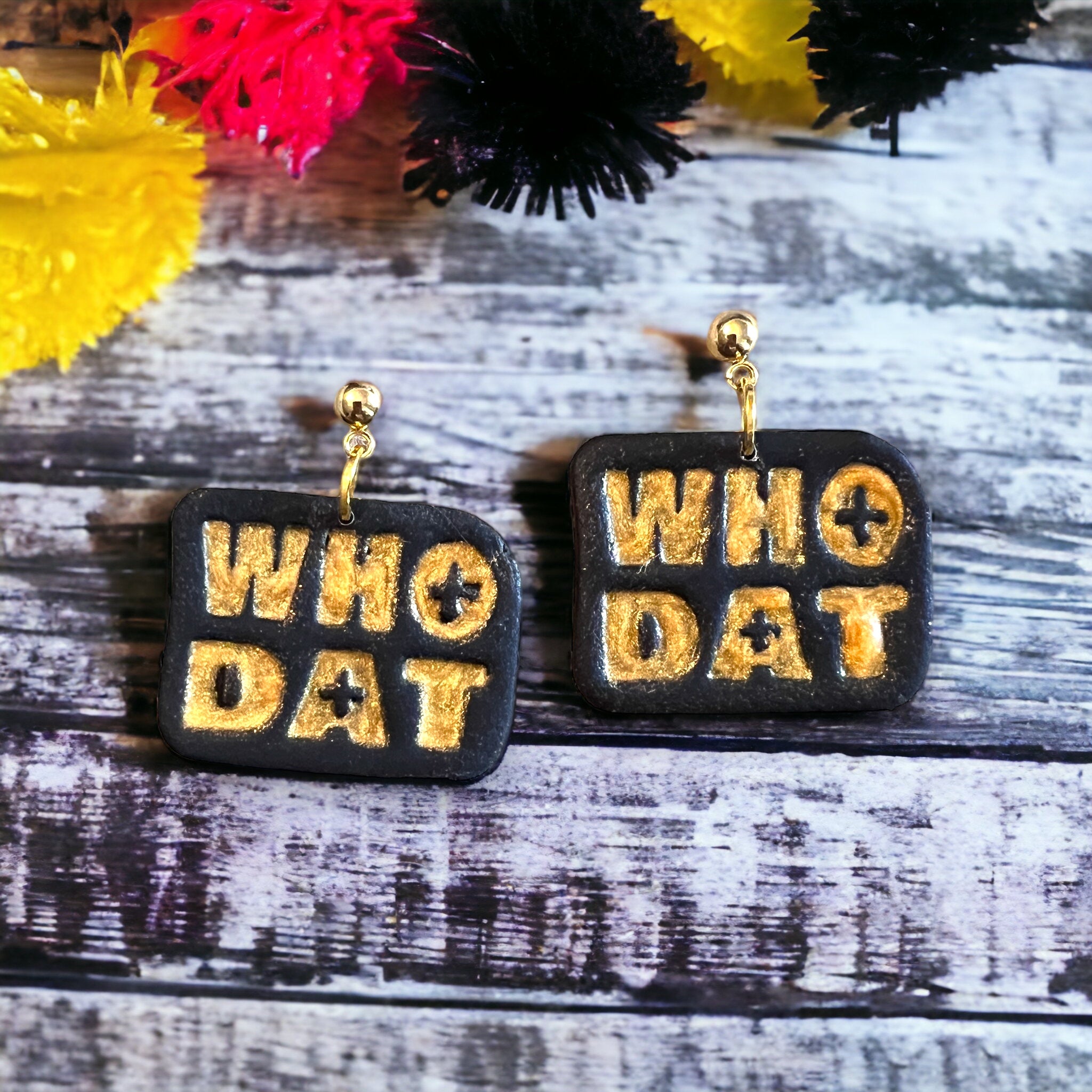 Black and Gold WHO DAT Dangle Earrings