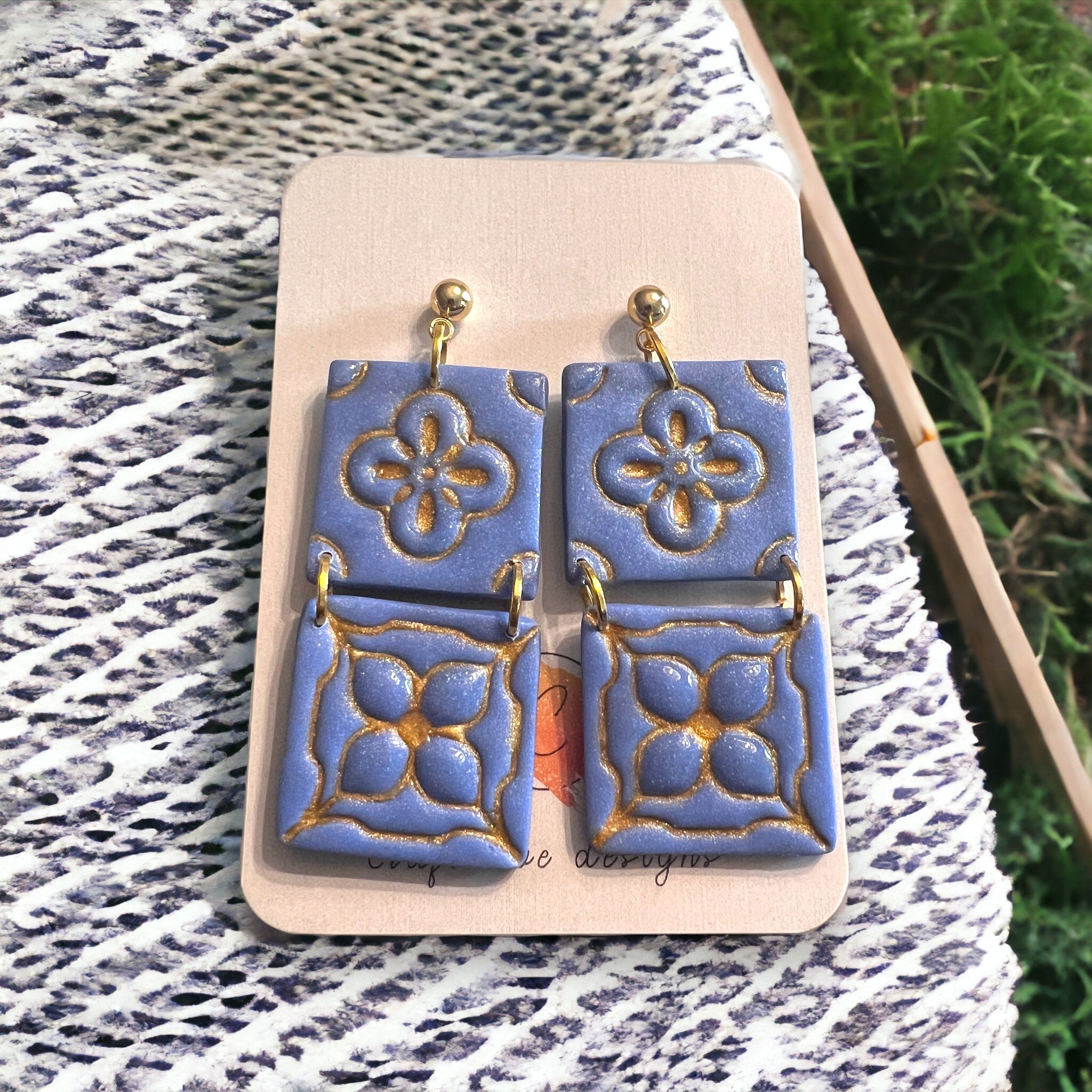 Blue Spanish Tile Inspired Dangle Earrings