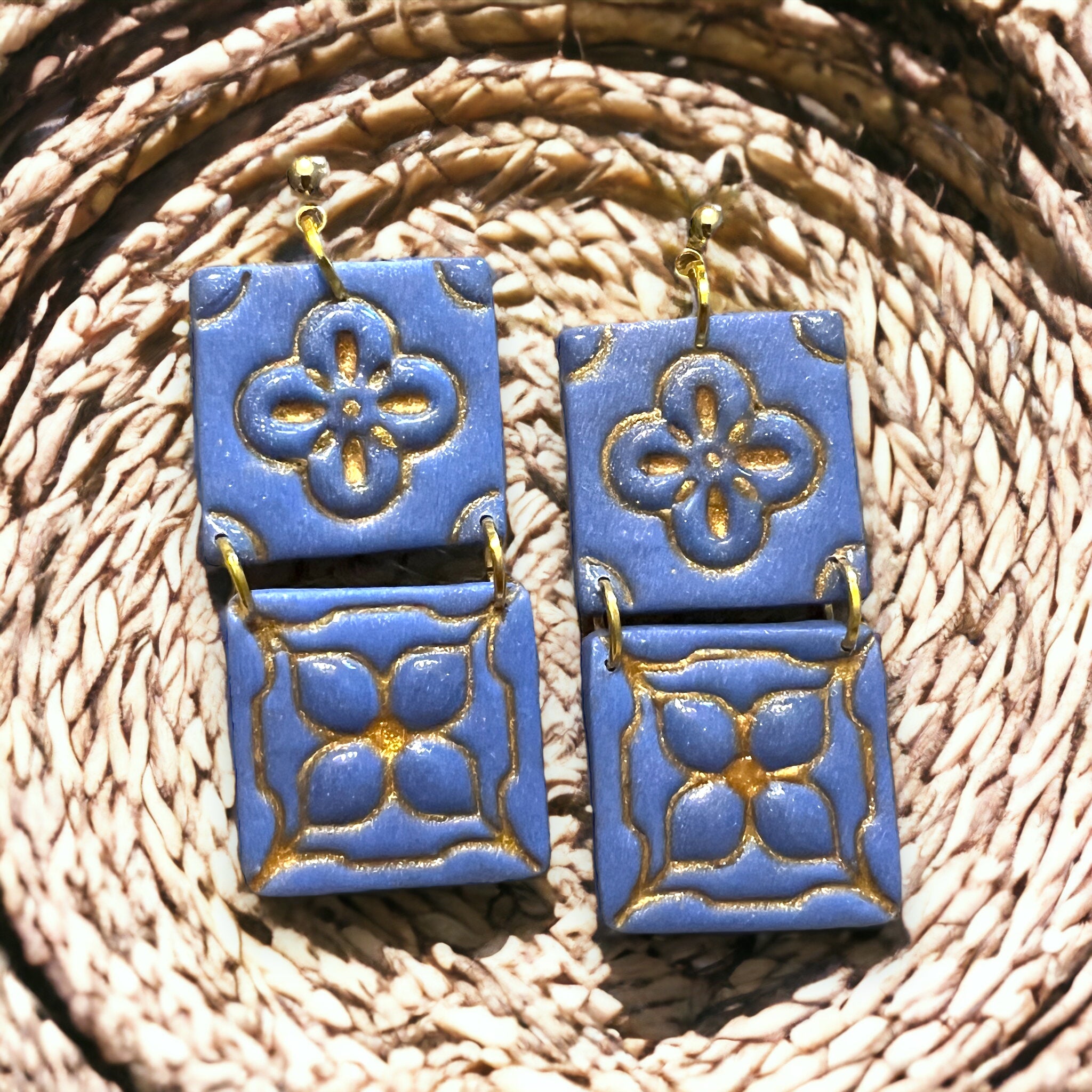 Blue Spanish Tile Inspired Dangle Earrings