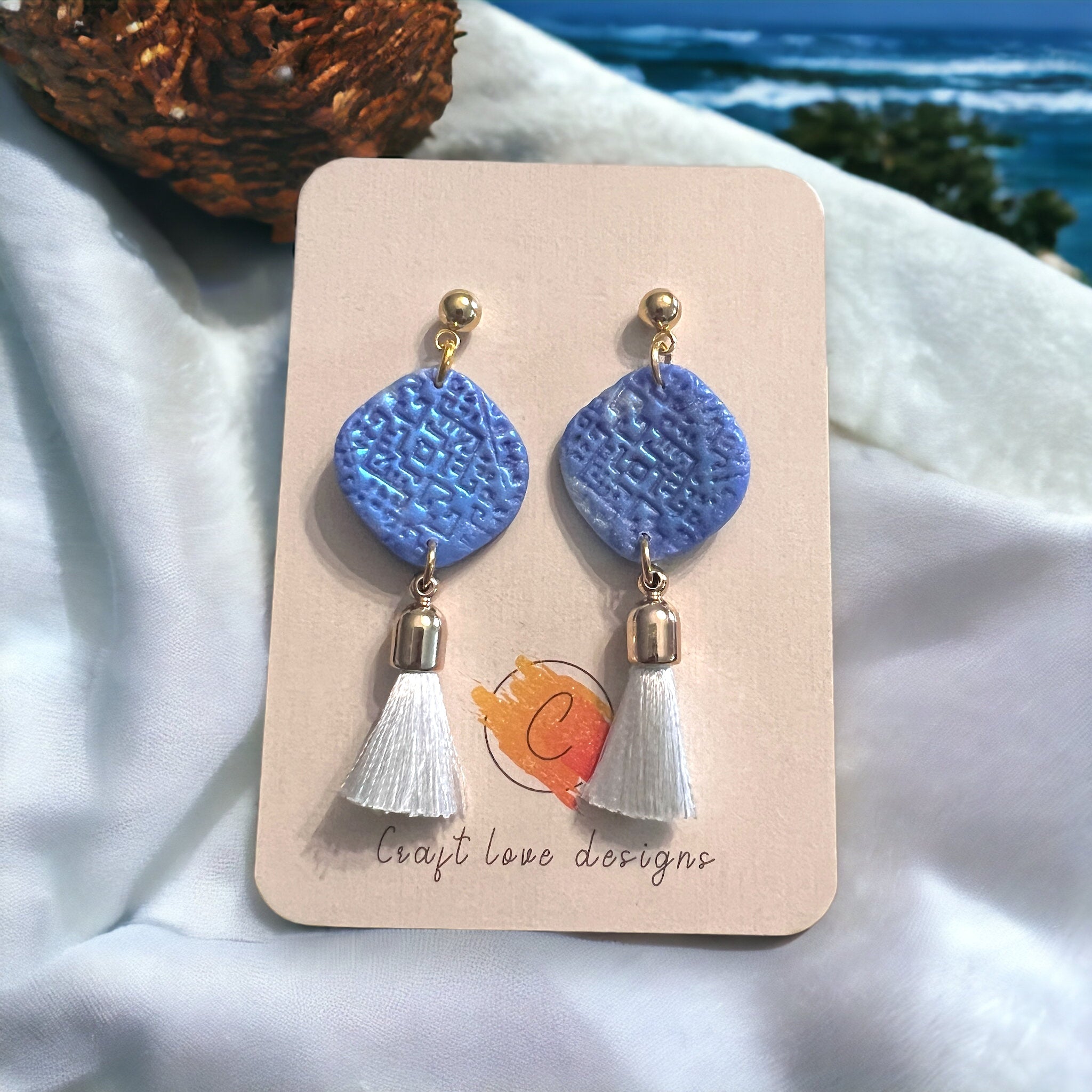 Blue and White Tassel Textured Dangle Earrings