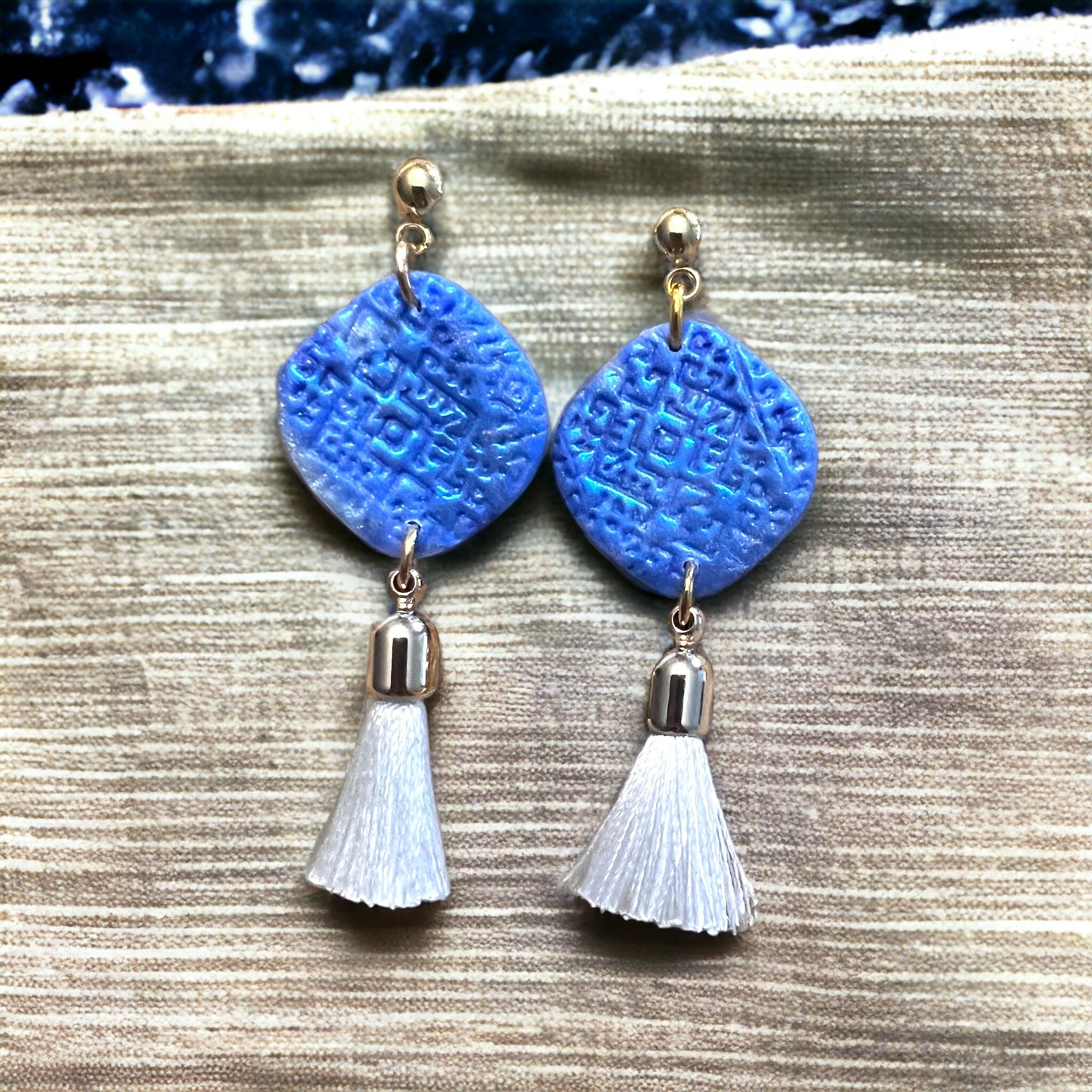 Blue and White Tassel Textured Dangle Earrings