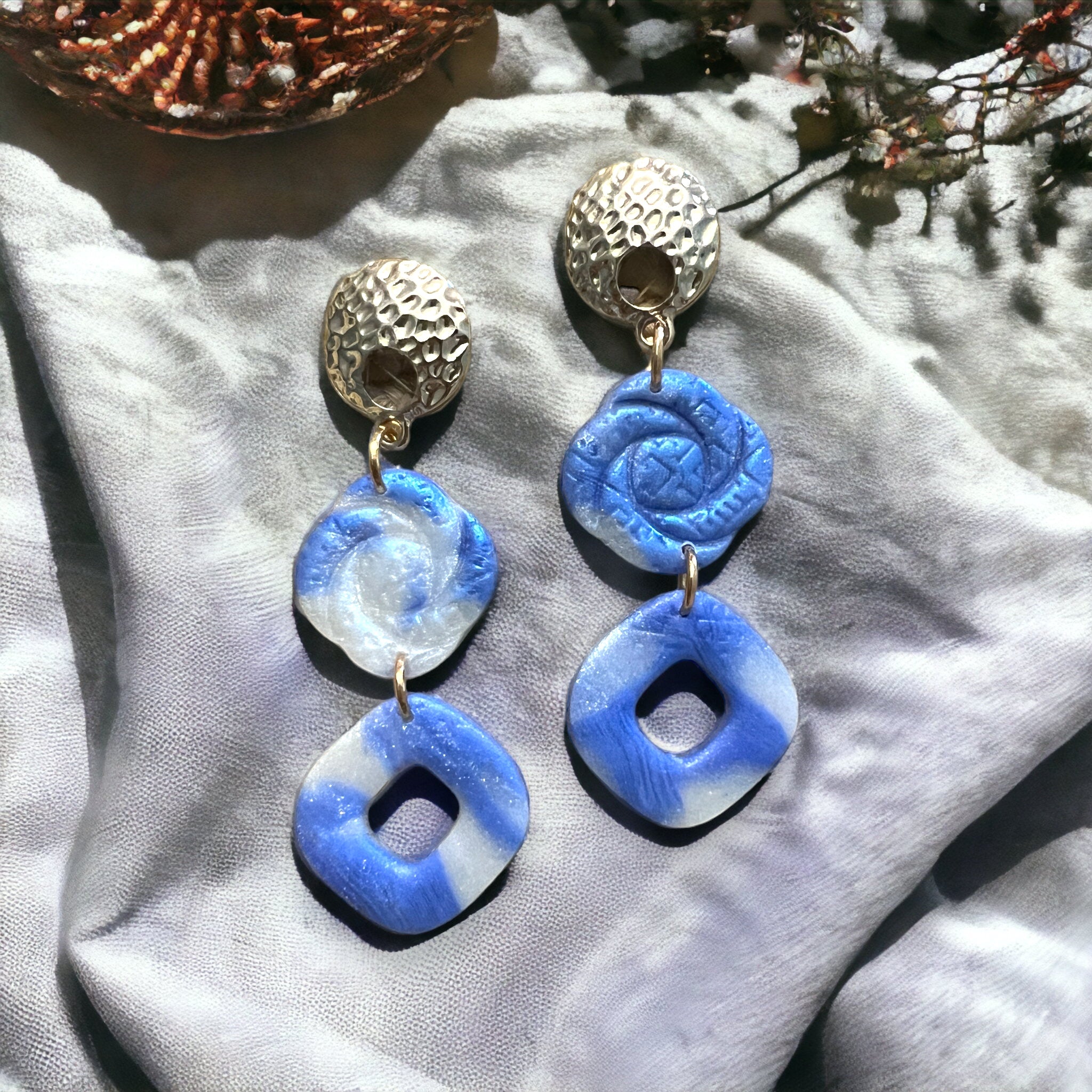 Blue and White Knot Dangle Earrings