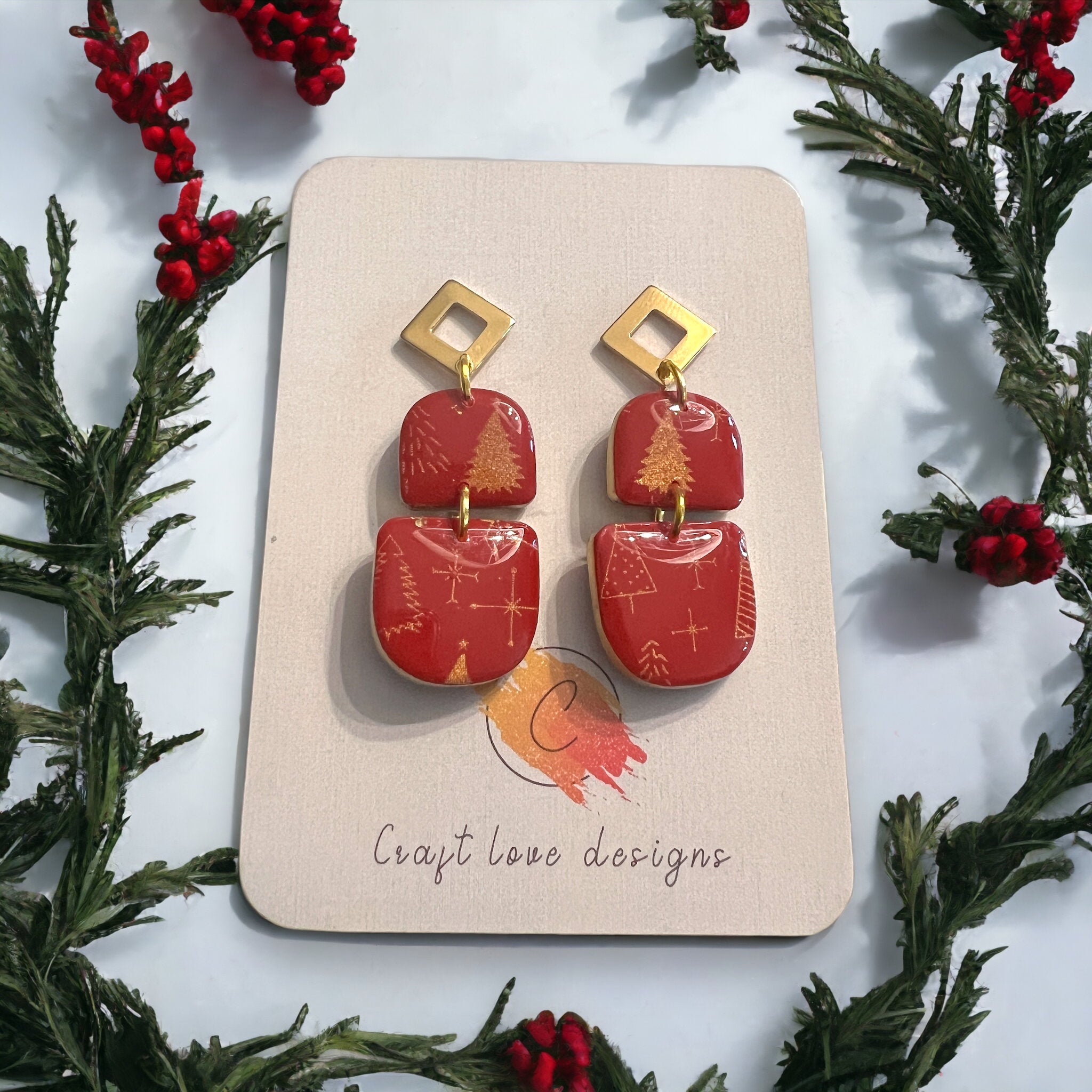 Christmas Red Tree Design Dangle Earrings