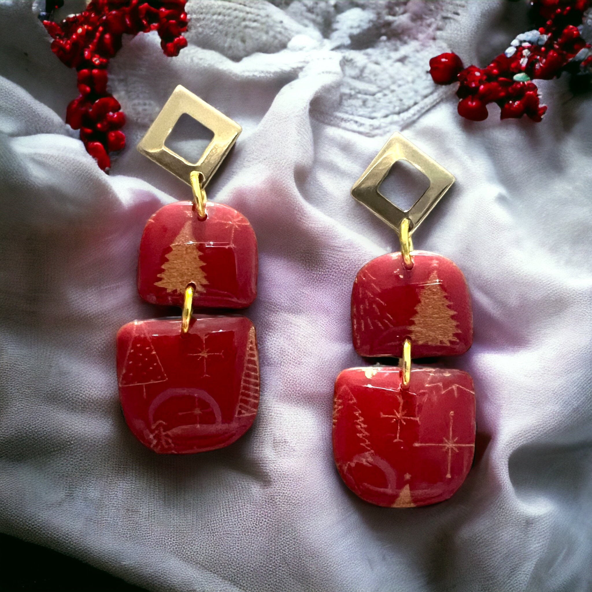 Christmas Red Tree Design Dangle Earrings