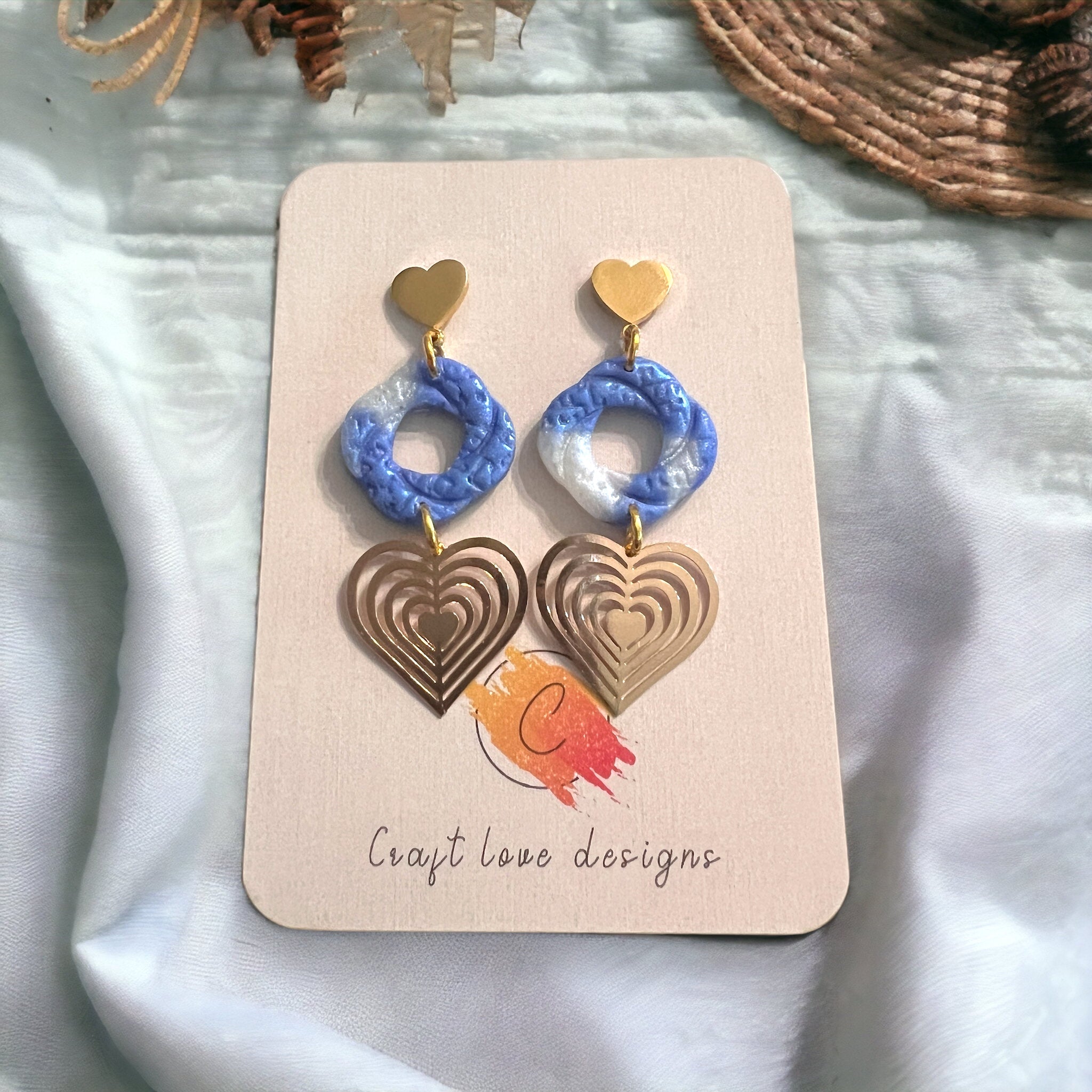 Blue and White Open Knot Heart Drop Dangle Earrings