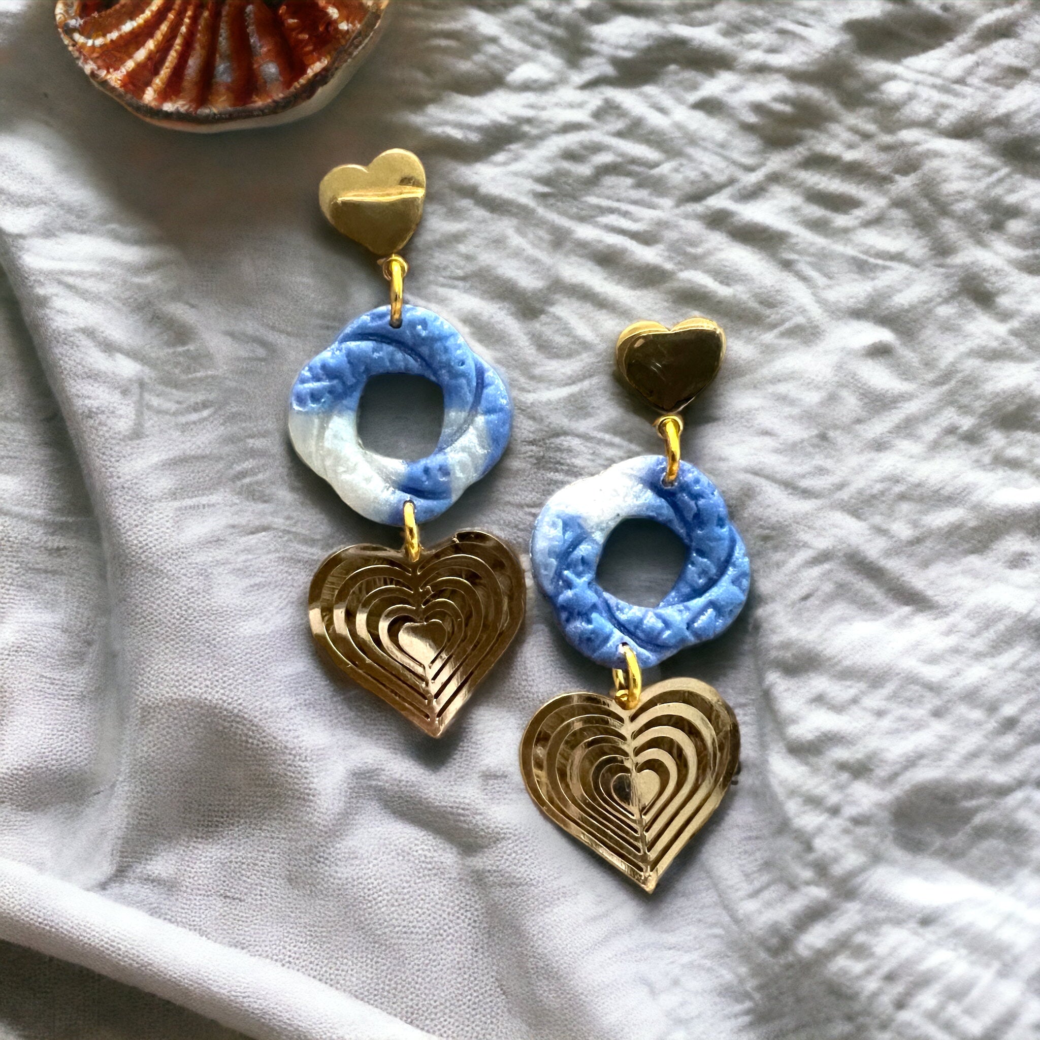 Blue and White Open Knot Heart Drop Dangle Earrings