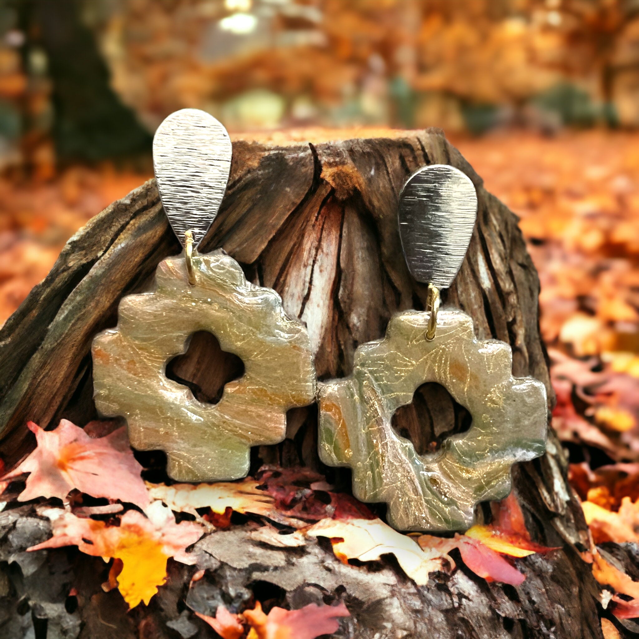 Beige-y Fall Colors Aztec Style Dangle Earrings