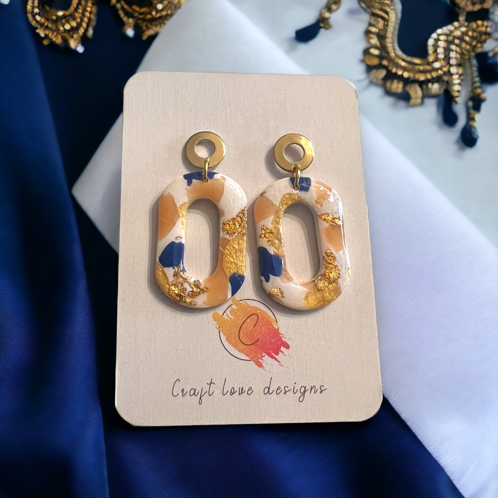 Beige-y, Blue and Gold Oval Drop Dangle Earrings