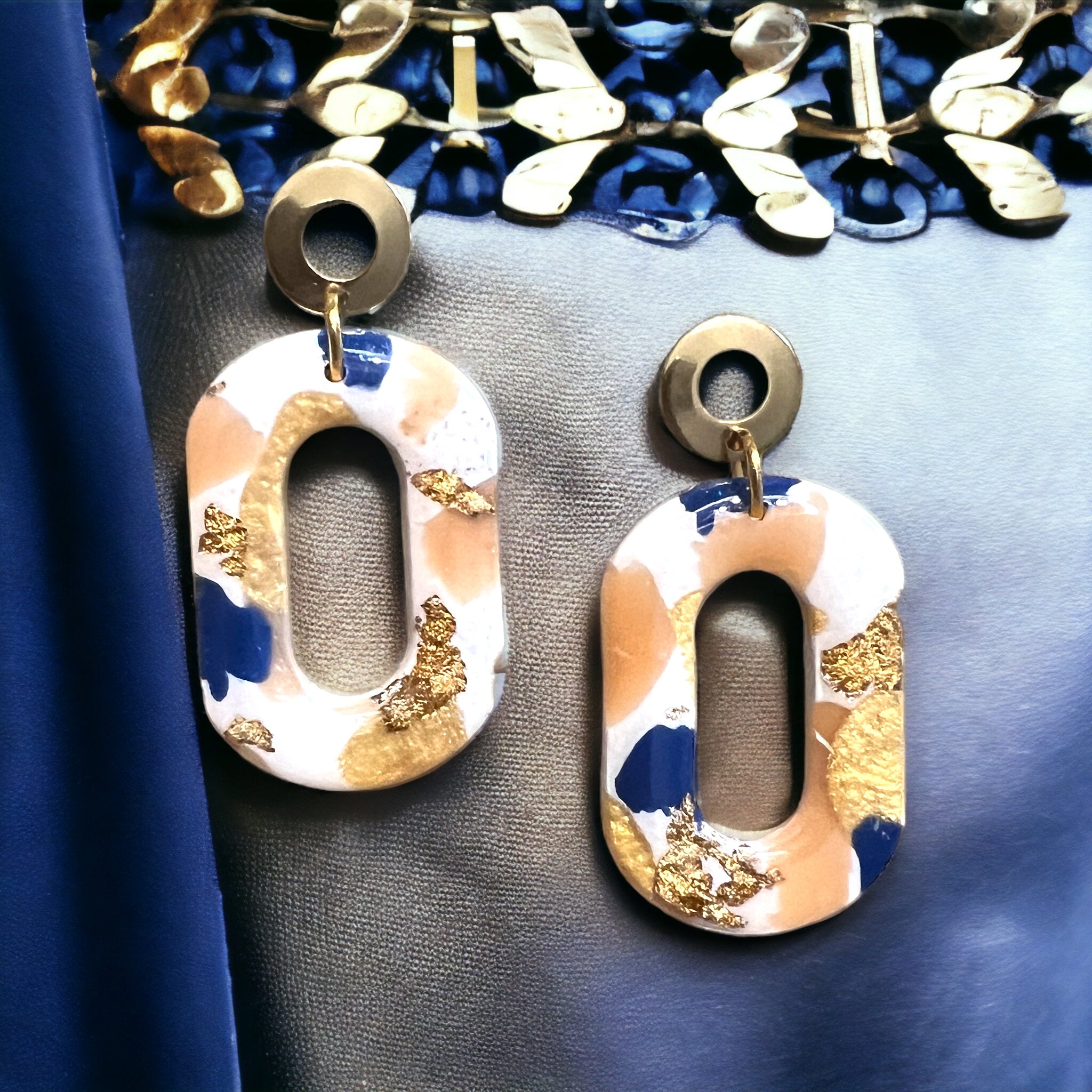 Beige-y, Blue and Gold Oval Drop Dangle Earrings